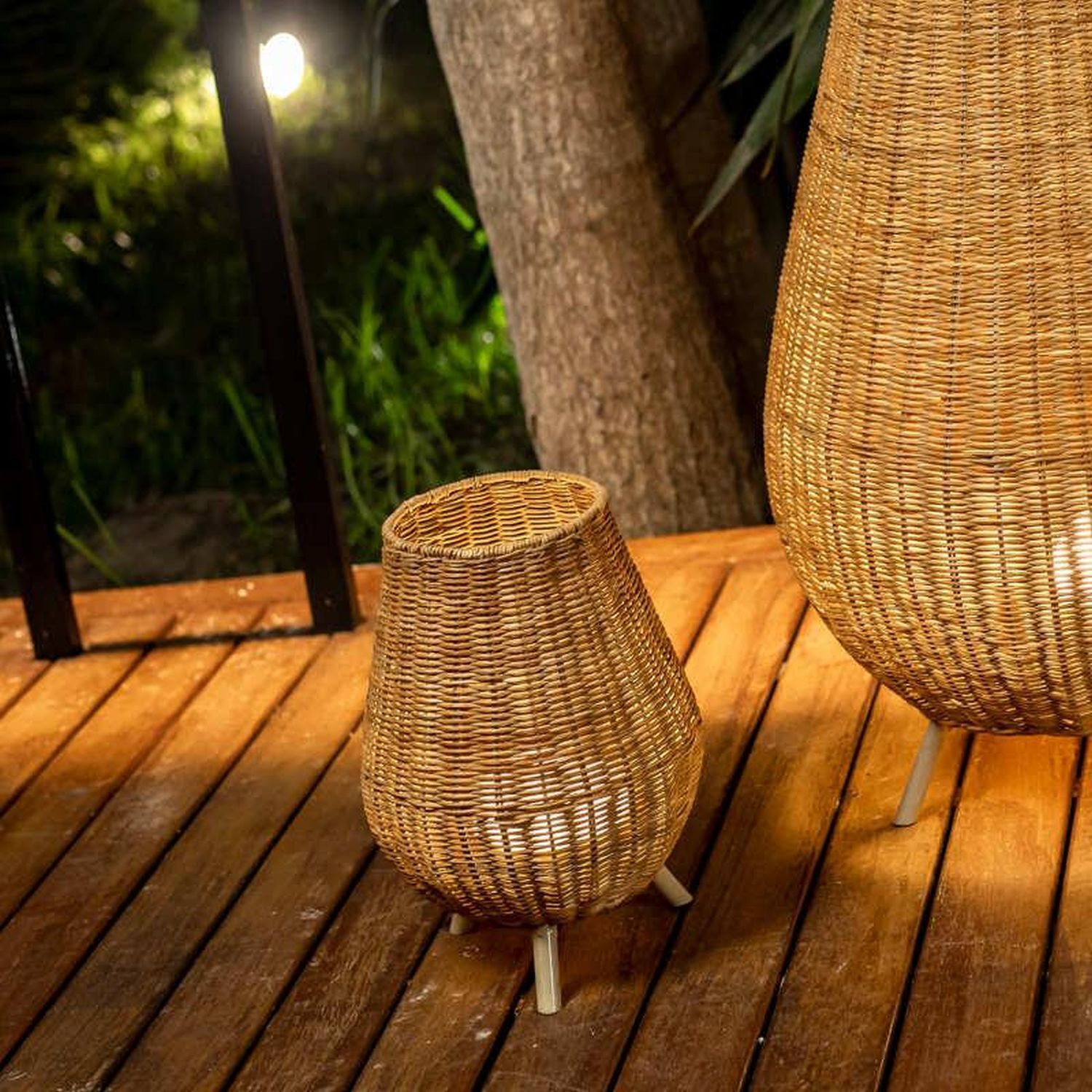 Tischleuchte LED kabellos Rattan Akku IP54 H: 32,5 cm dimmbar Kunst, Kunsthandwerk