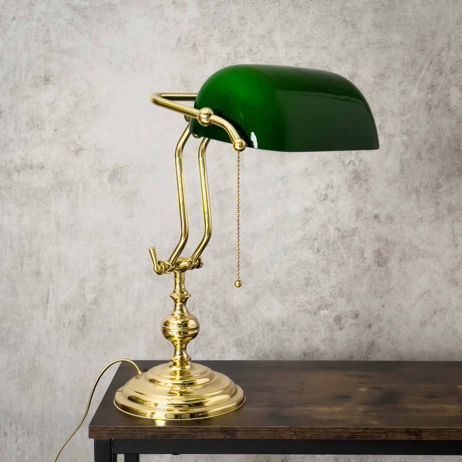 Lampe de banquier Interrupteur à tirette 38 cm E27 laiton verre vert