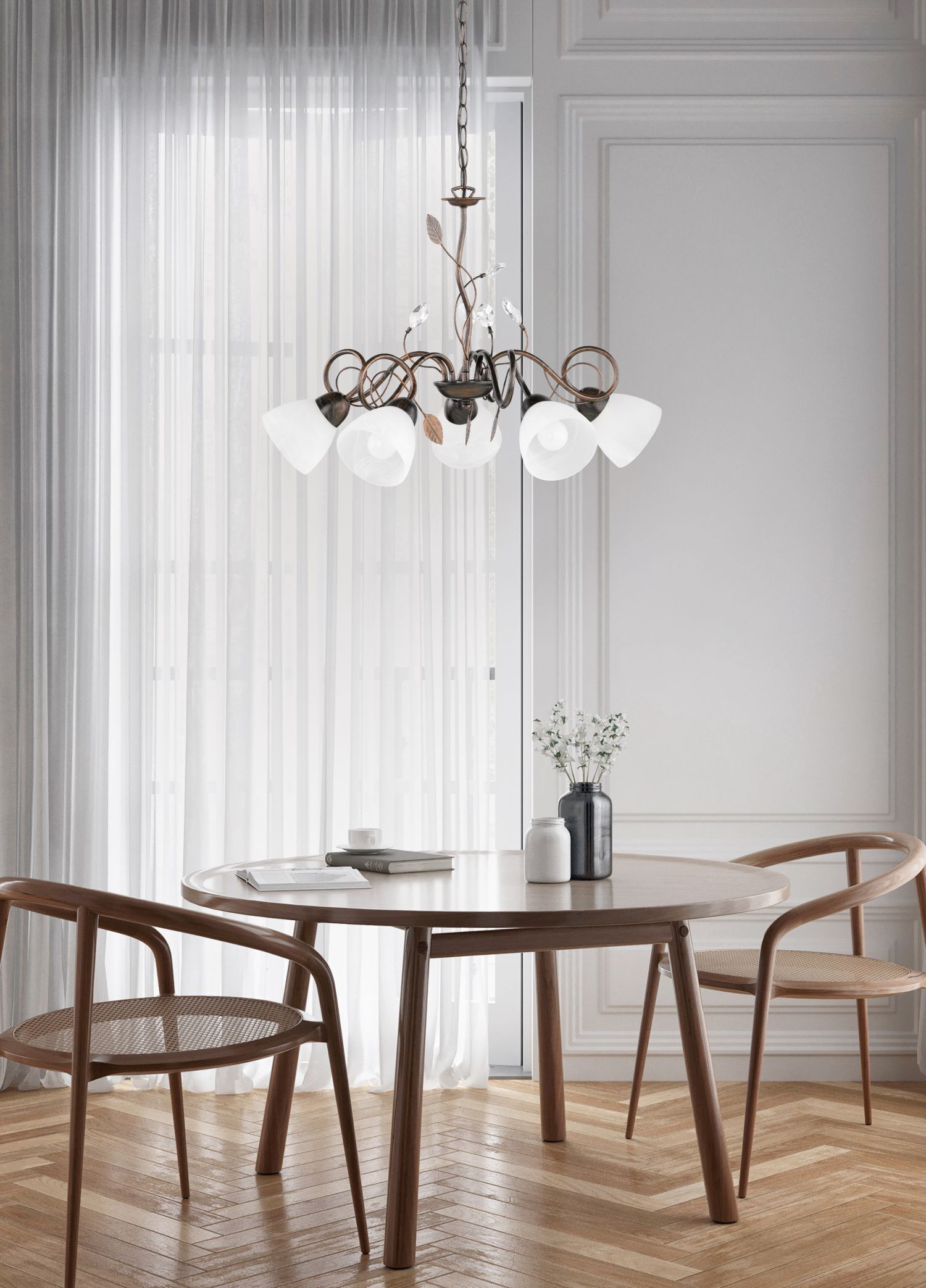 Suspension florale métal verre 5 flammes rouille antique Speisesaal, Esstisch, Tisch, Kronleuchter, Innenarchitektur