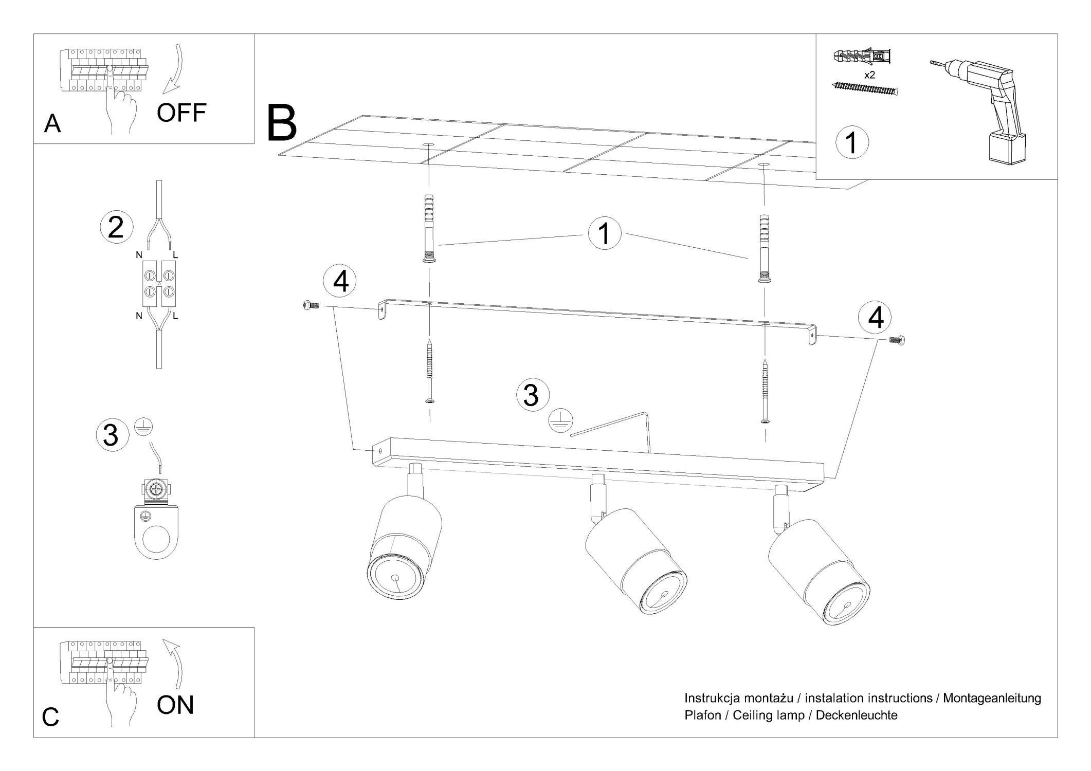 Spot de plafond métal noir or 3 flammes 45 cm de long Spot de plafond métal noir or 3 flammes 45 cm de long