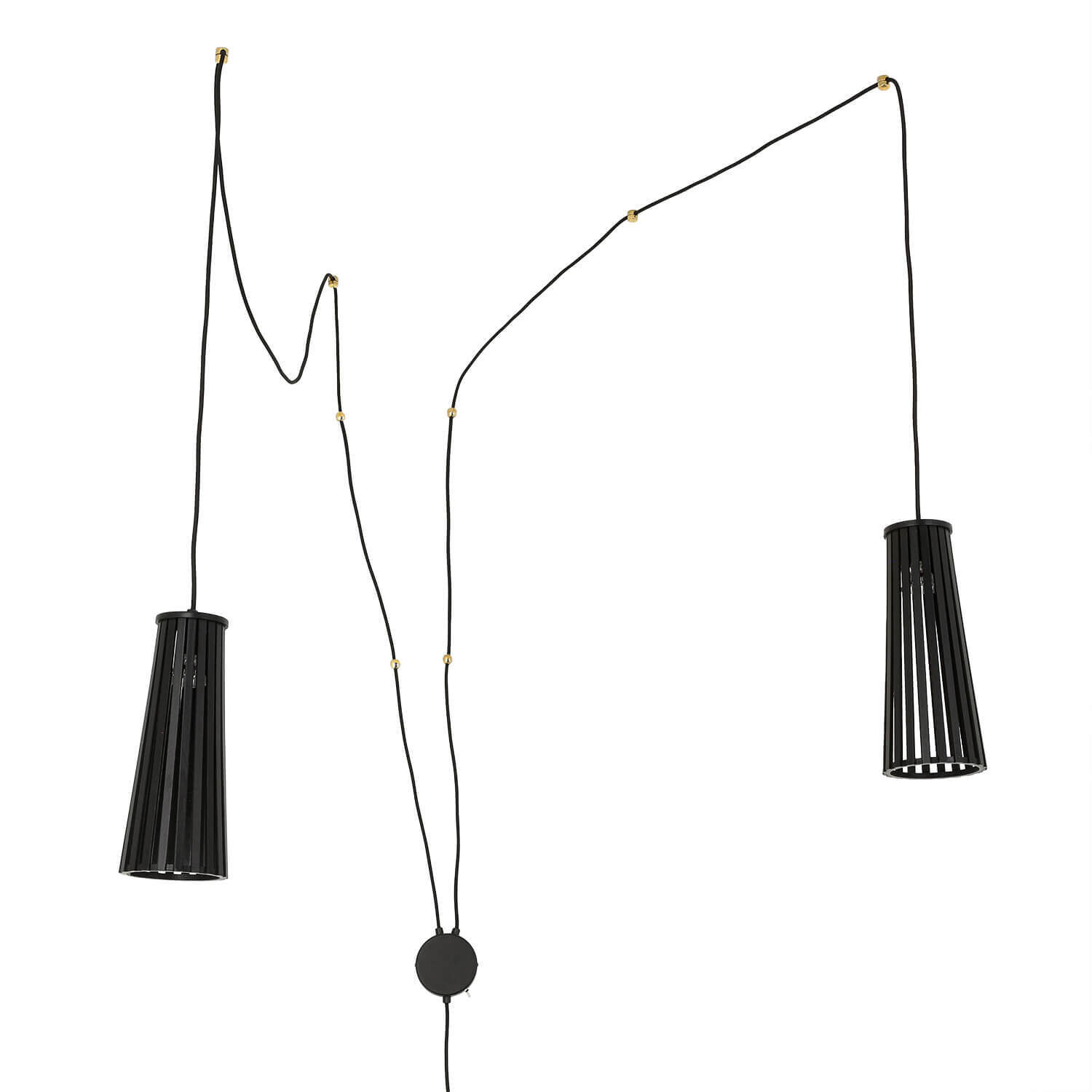Pendelleuchte, Hängelampe, schwarzer Zylinder-Schirm, Kabel, goldene Akzente