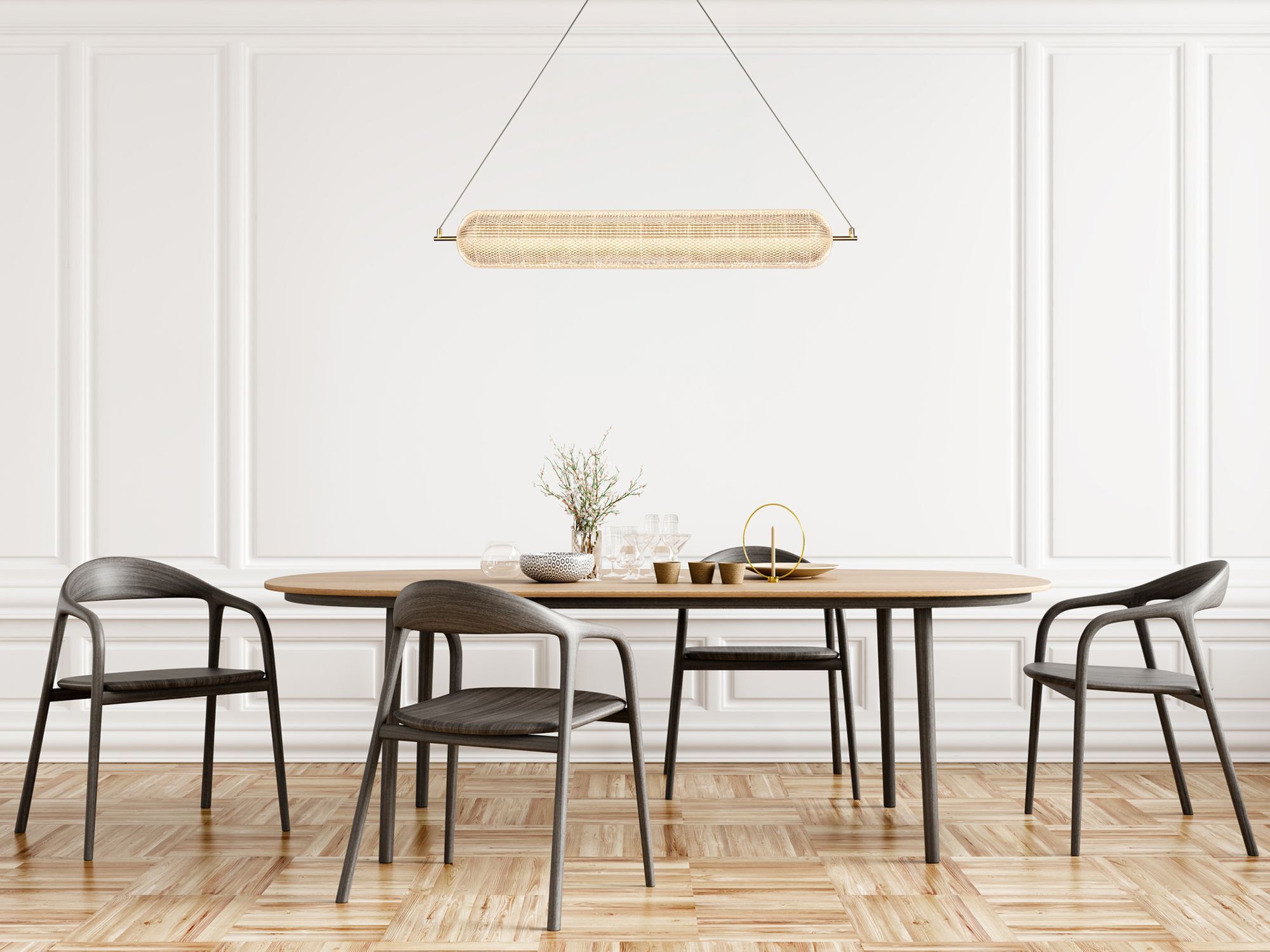LED Pendelleuchte Metall in Messing 42 W 3000 K 108 cm Esstisch, Holztisch, ovaler Tisch, Stühle aus Holz, Wandpaneele