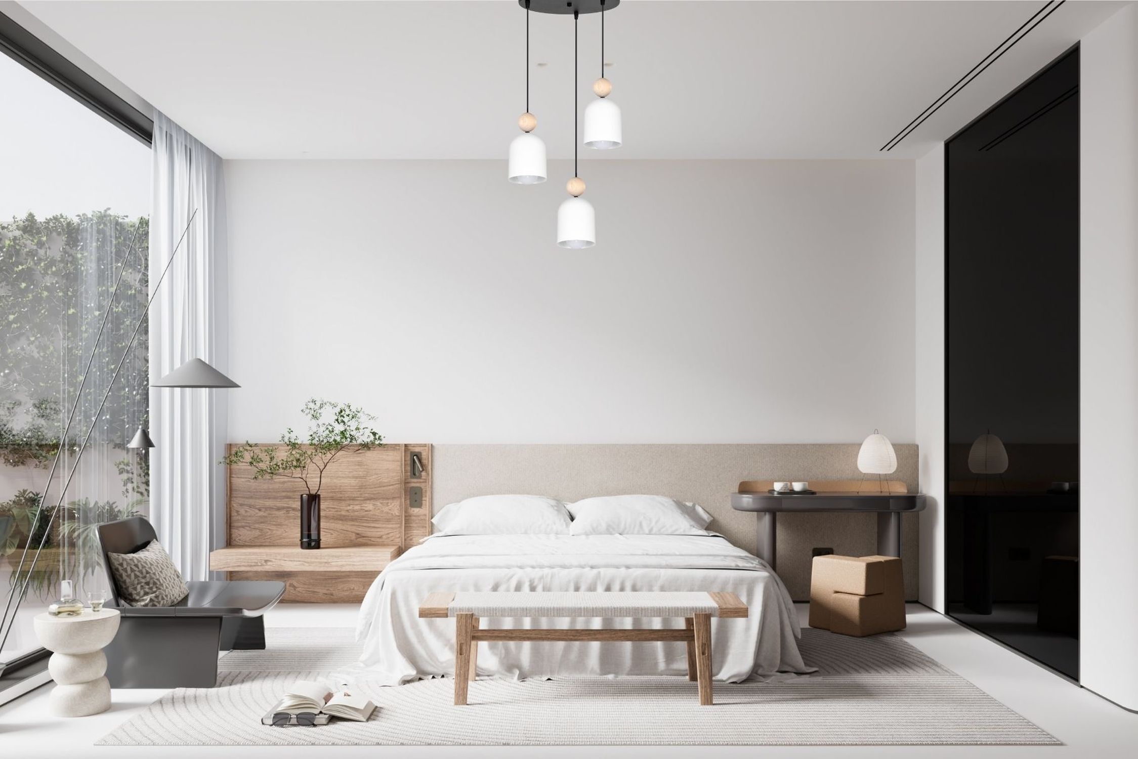 Runde Pendelleuchte Weiß Metall Holz 3-flmg E27 Ø36 cm Drinnen, Innenarchitektur, Inneneinrichtung, Mobiliar, Schlafzimmer