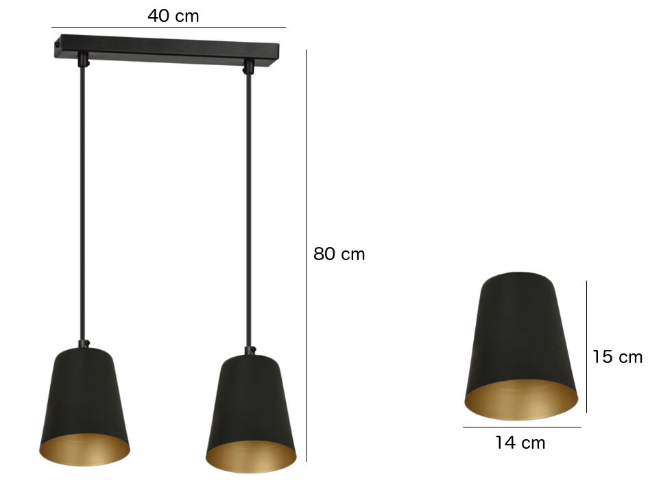 Lampe à suspendre noir or métal rétro 2 flammes E27