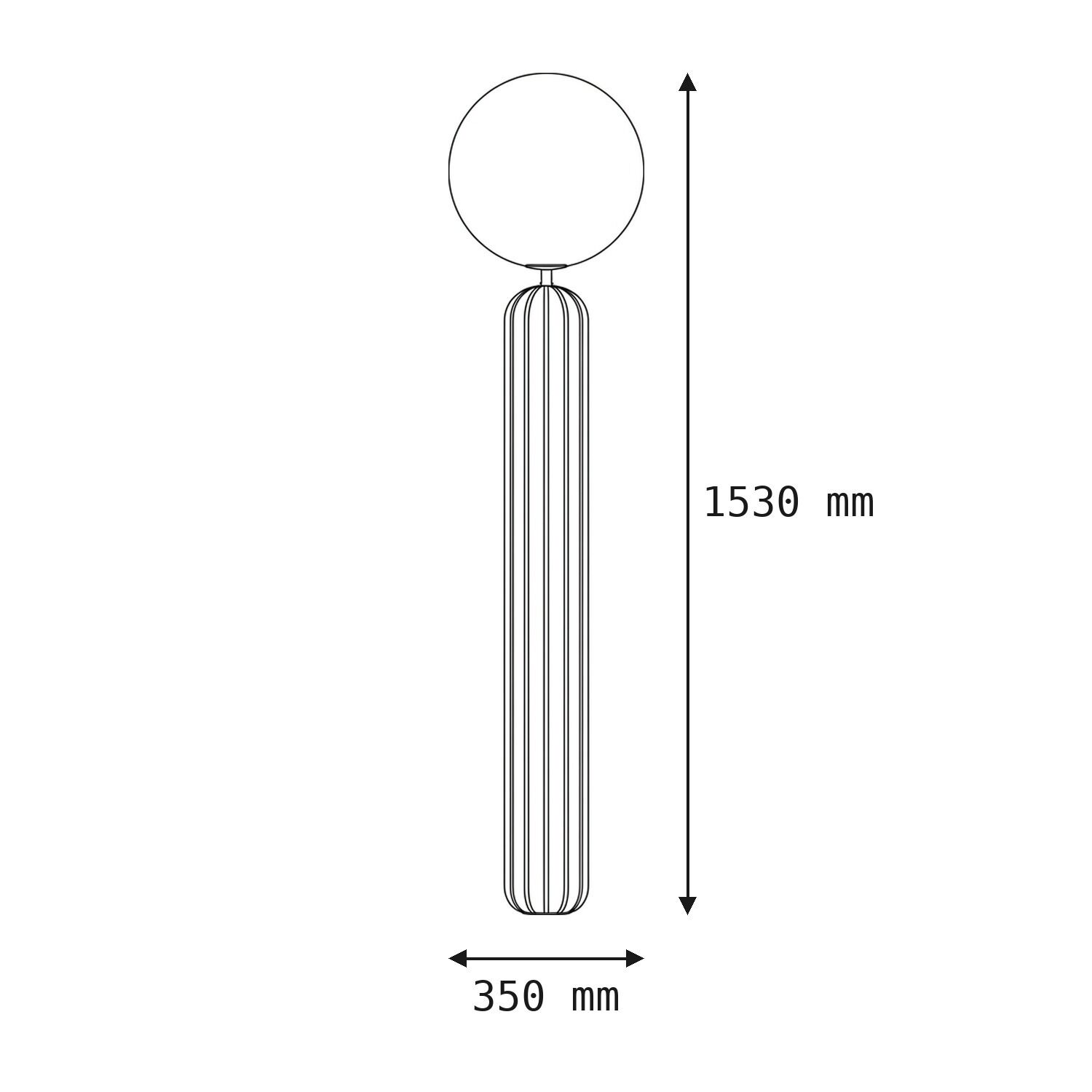 lampe, standing lamp, runder kopf, rohrförmiger fuß, abmessungen 1530 mm x 350 mm