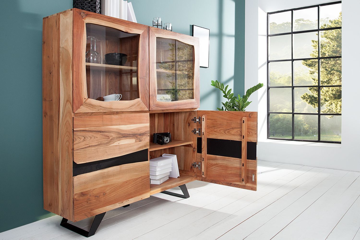 Buffet en bois d'acacia métal 20 cm en noir naturel Hartholz, Holz, Innenarchitektur, Anrichte, Gebeiztes Holz