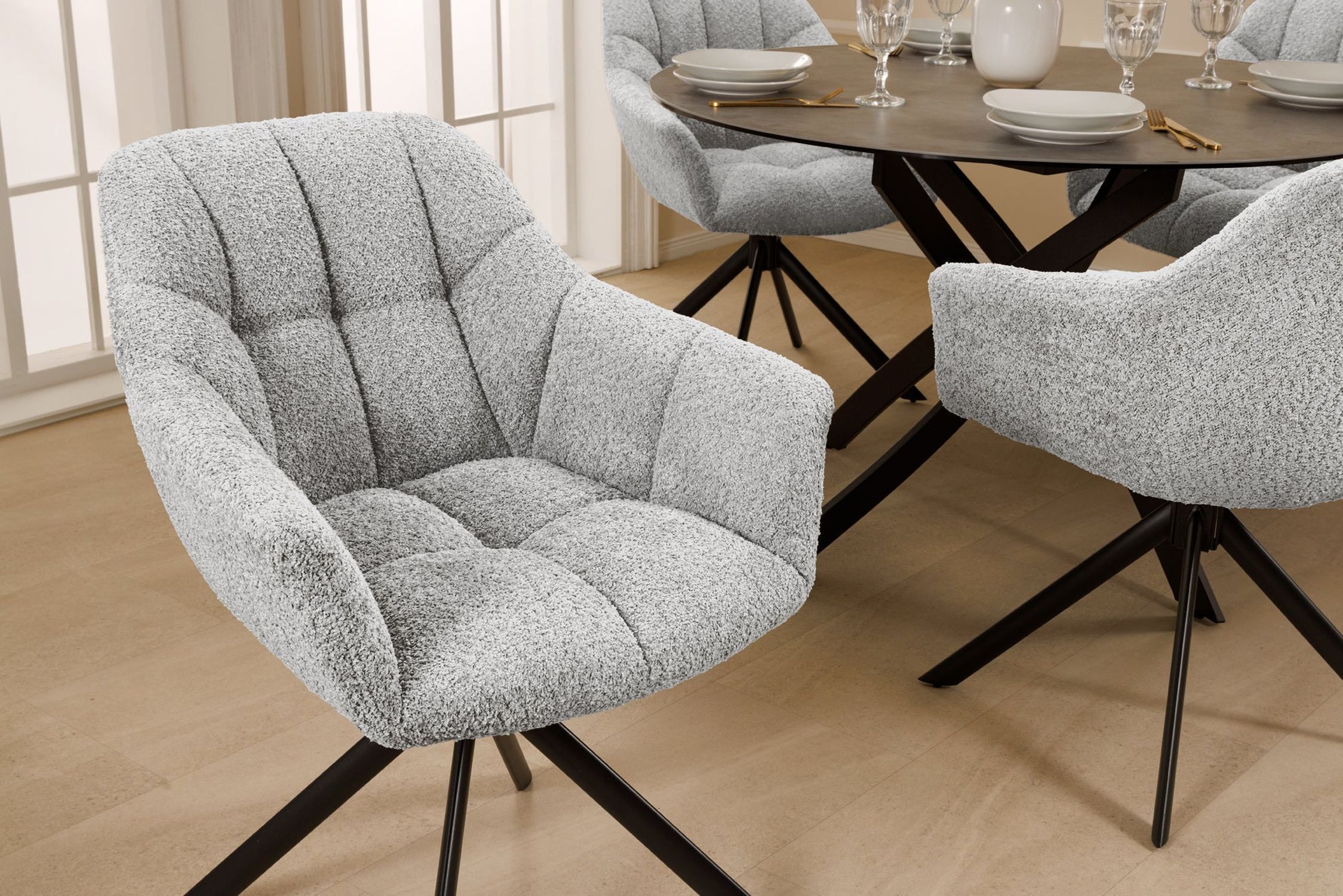 Bürostuhl ohne Rollen Grau Schwarz Bouclé Metall Retro Moebel, Stuhl