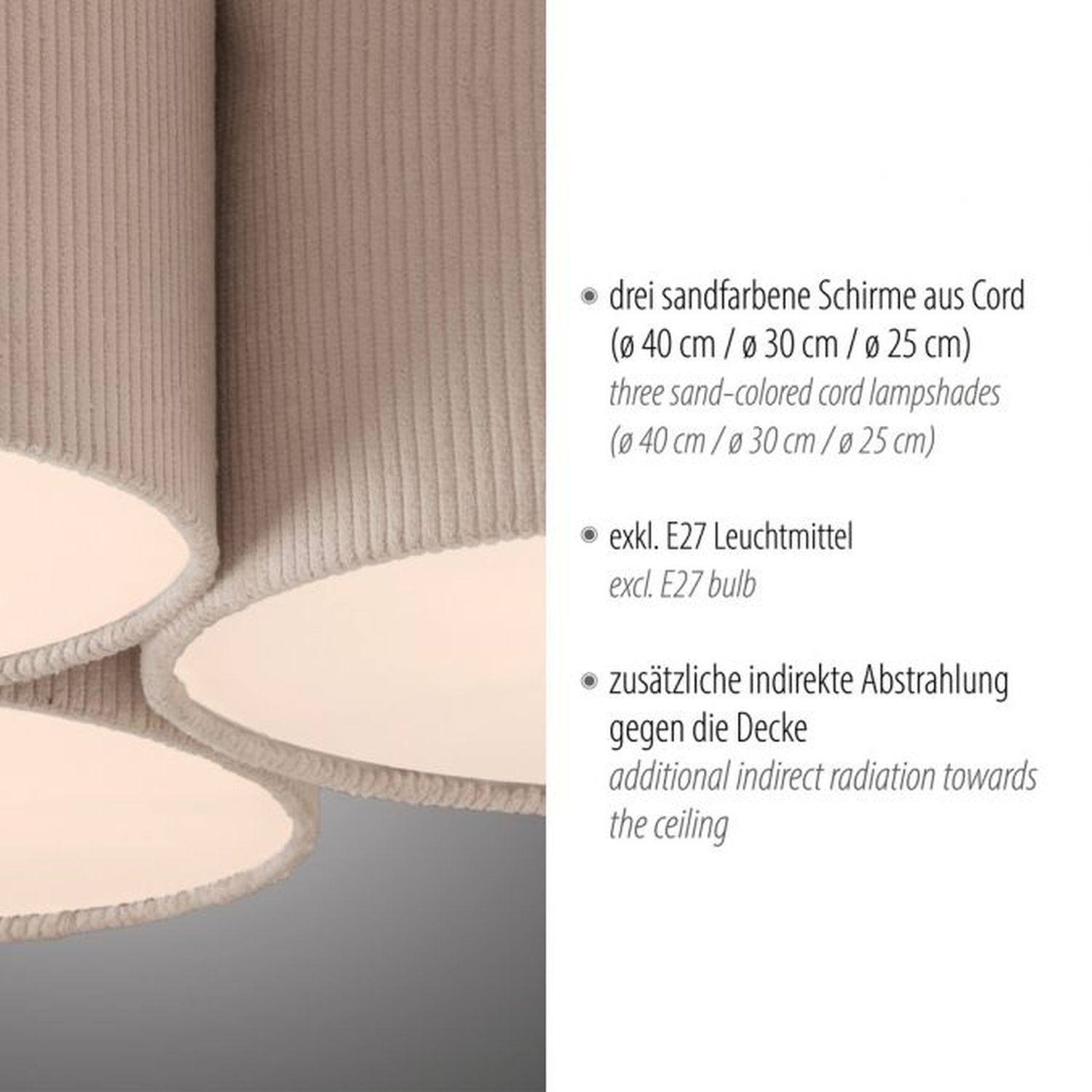 Wohnliche Deckenlampe Beige E27 L:70 cm 3-flmg blendarm Lampe