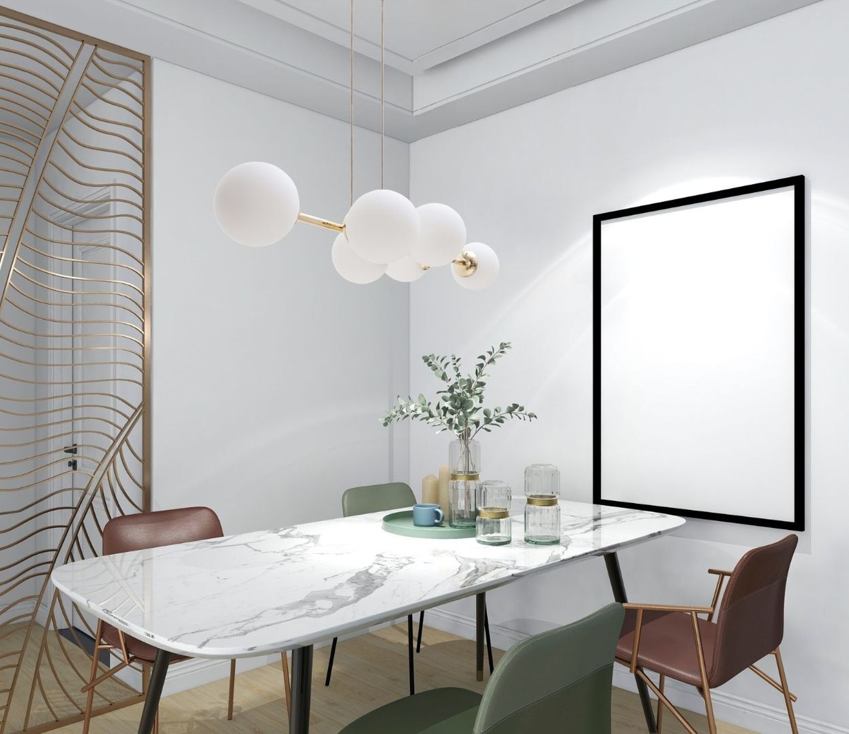 Große Hängelampe blendarm Glas Metall 100 cm E27 Gold Speisesaal, Esstisch, Tisch, Tischplatte, Innenarchitektur