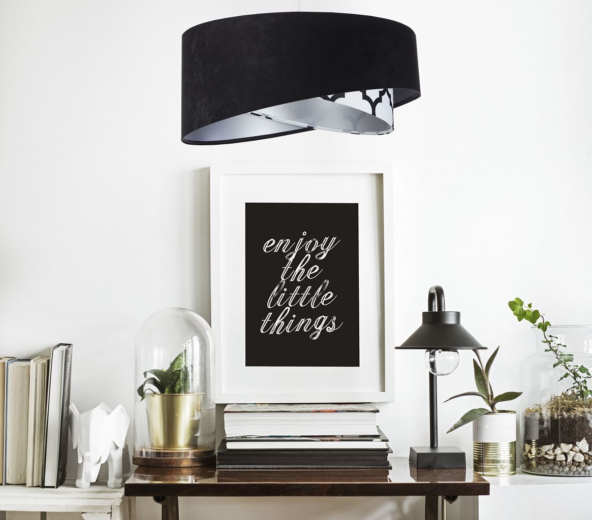 Suspension ronde D : 50 cm Tissu aspect velours noir blanc