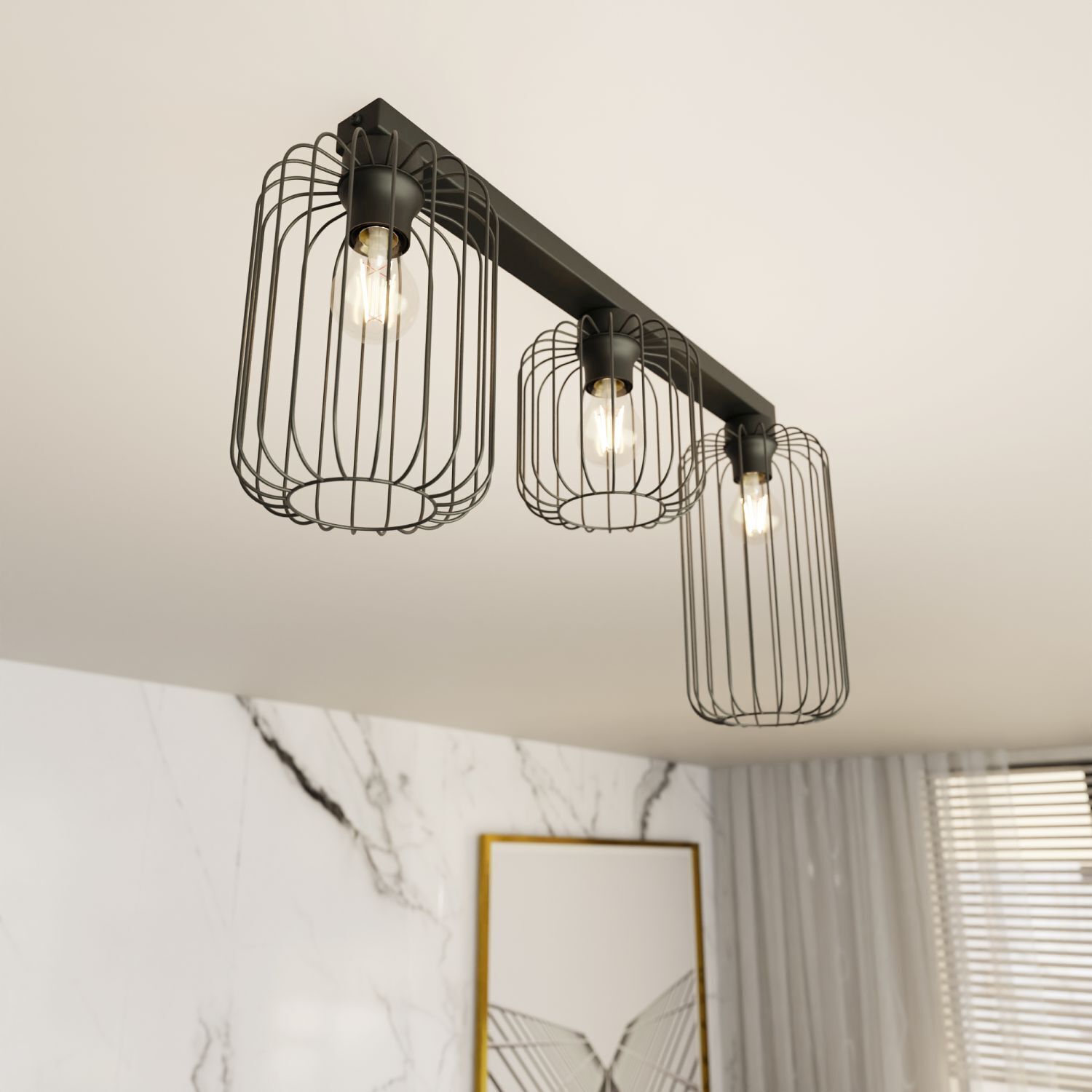 Draht Deckenleuchte Retro Schwarz Metall E27 60 cm lang