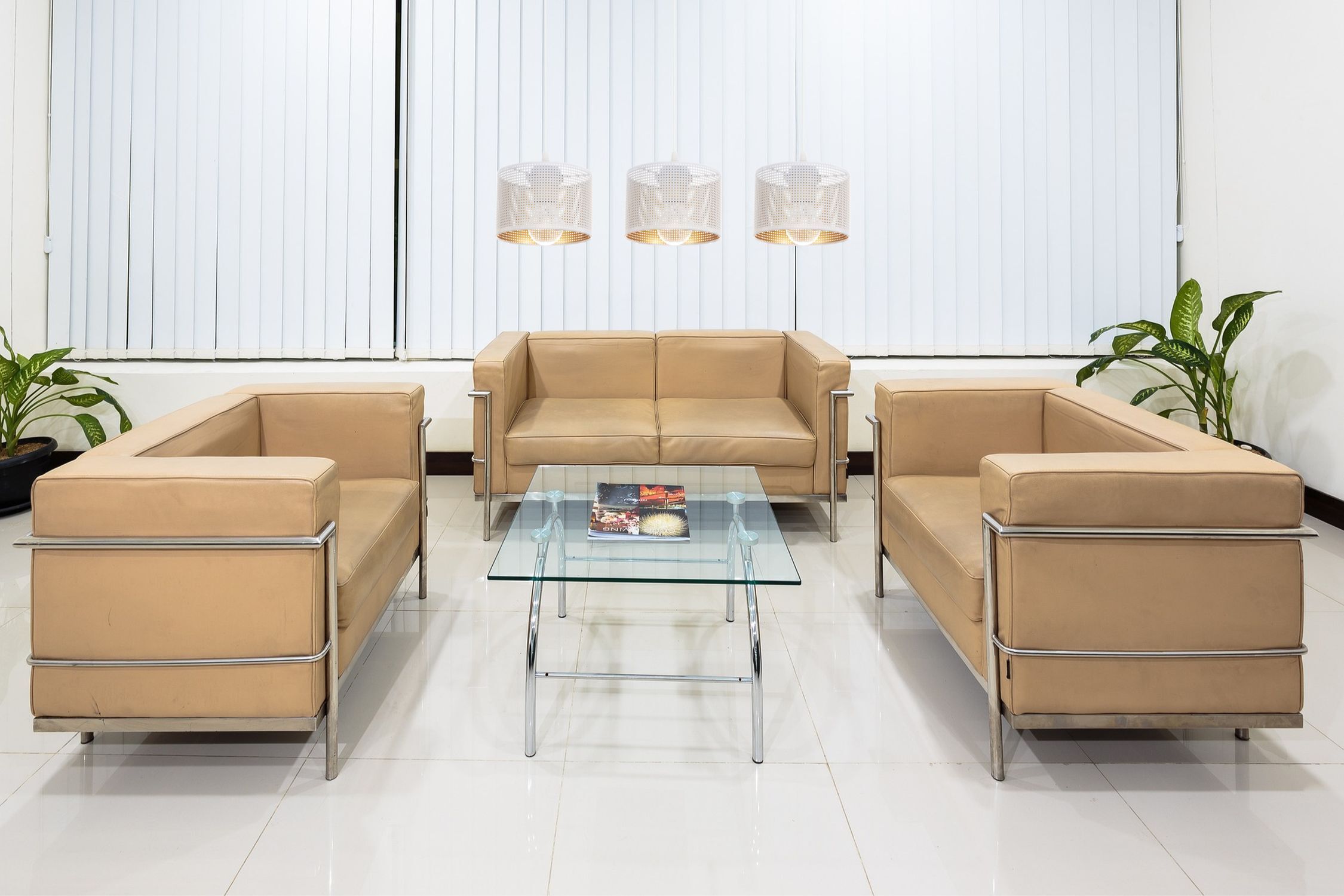 Sofa-Set, Wohnzimmermöbel, Lederimitat, Beige, Glas Couchtisch