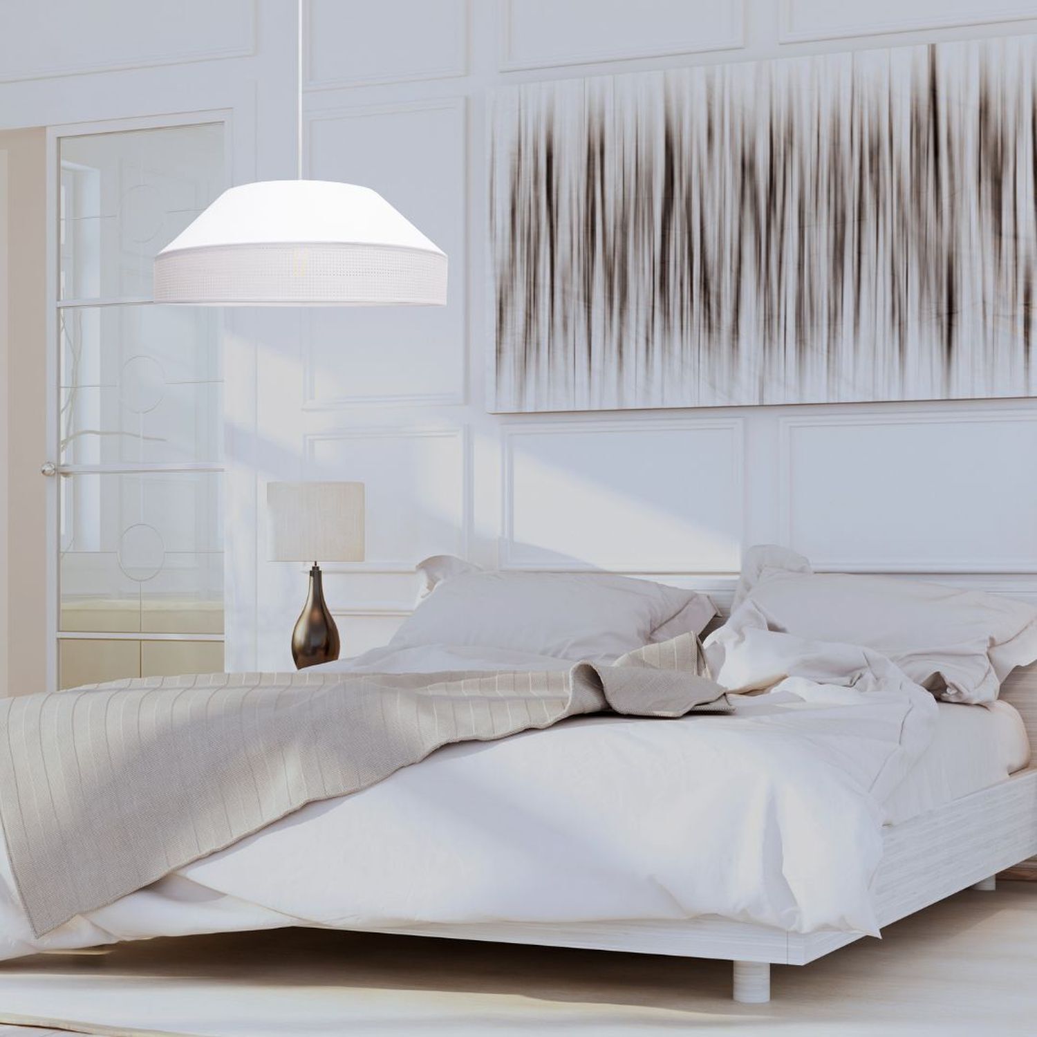 Weiße Hängeleuchte blendarm Stoff wohnlich B:45 cm E27 bett, komfort, weiß, decken, lampen