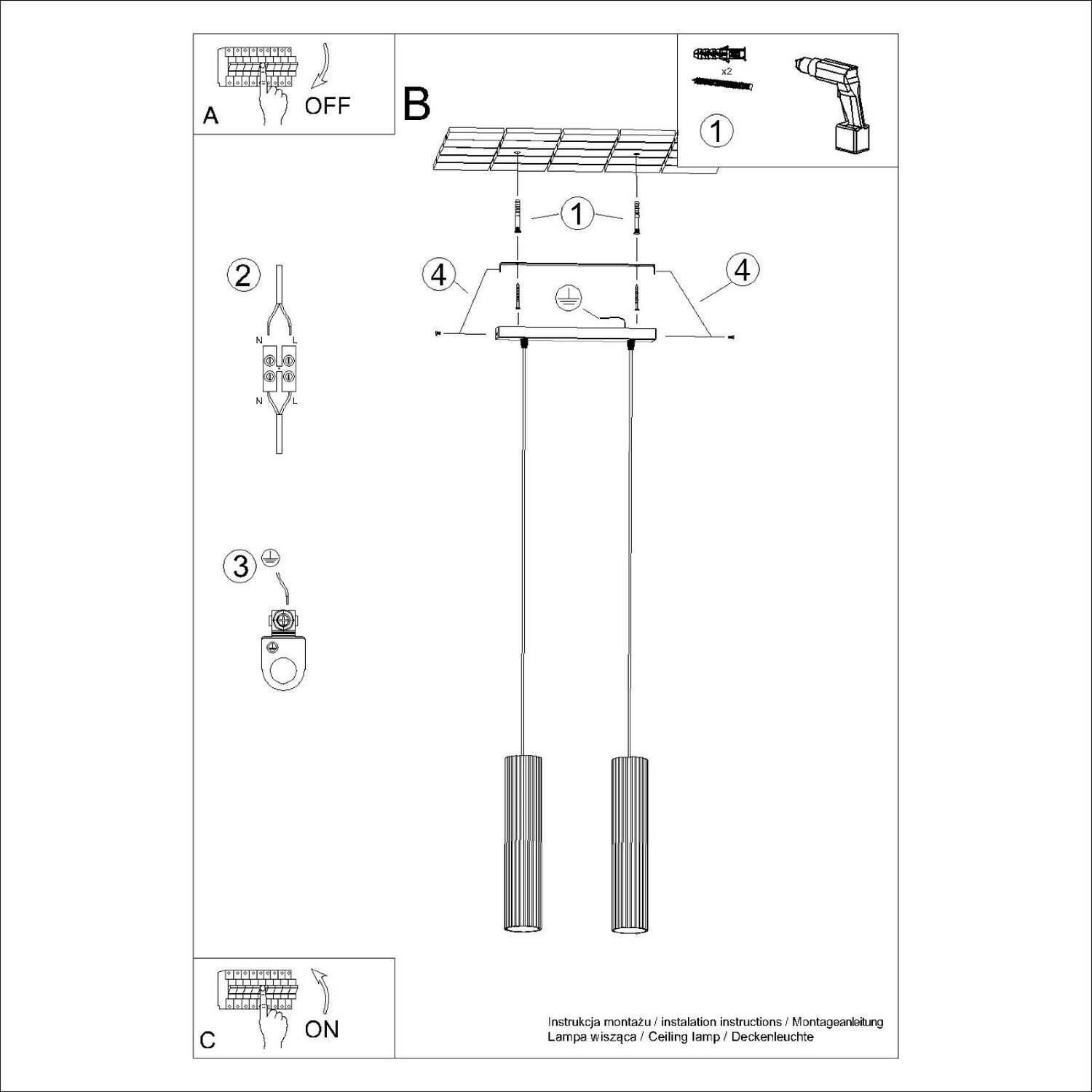 Hängelampe 2-flammig GU10 B: 30 cm schmal in Creme Modern CAD-Diagramm, Diagramm