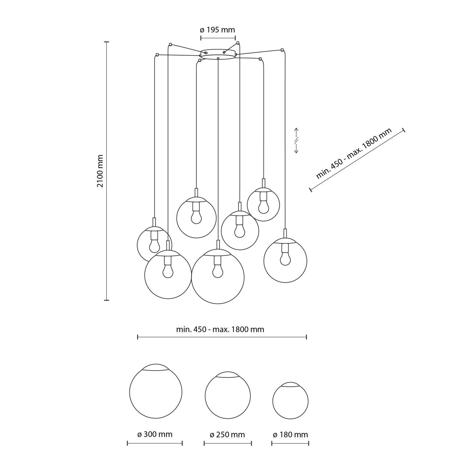 Suspension réglable L : max. 4 m verre fumé 7x E27