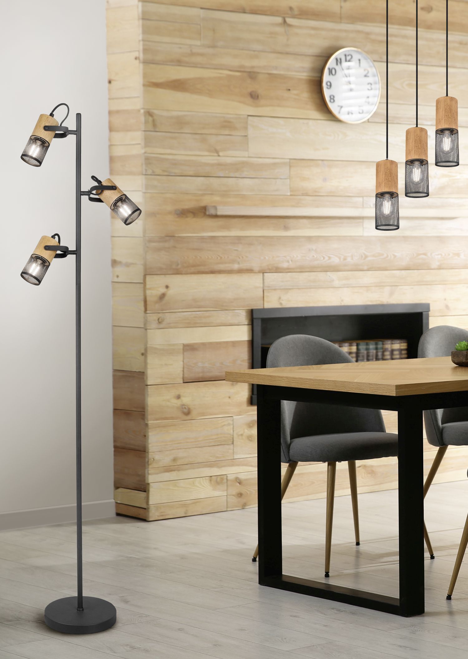 Schwenkbare Stehlampe Metall Holz 150 cm E14 Vintage Drinnen, Innenarchitektur, Lampe, Stehlampe, Holzpaneele