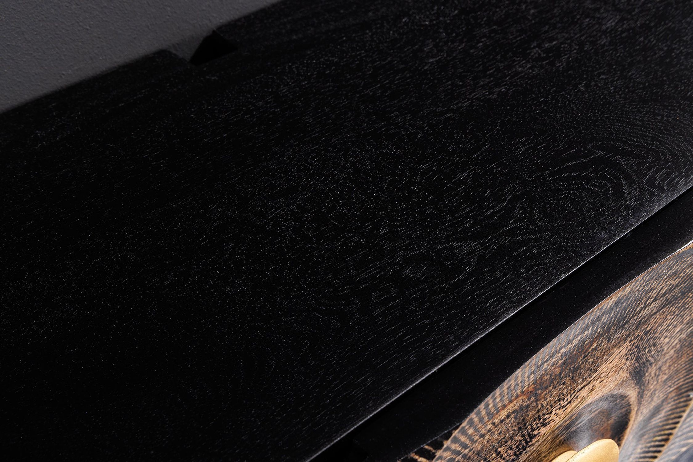 Tableau TV suspendu bois métal 160 cm noir or fait main