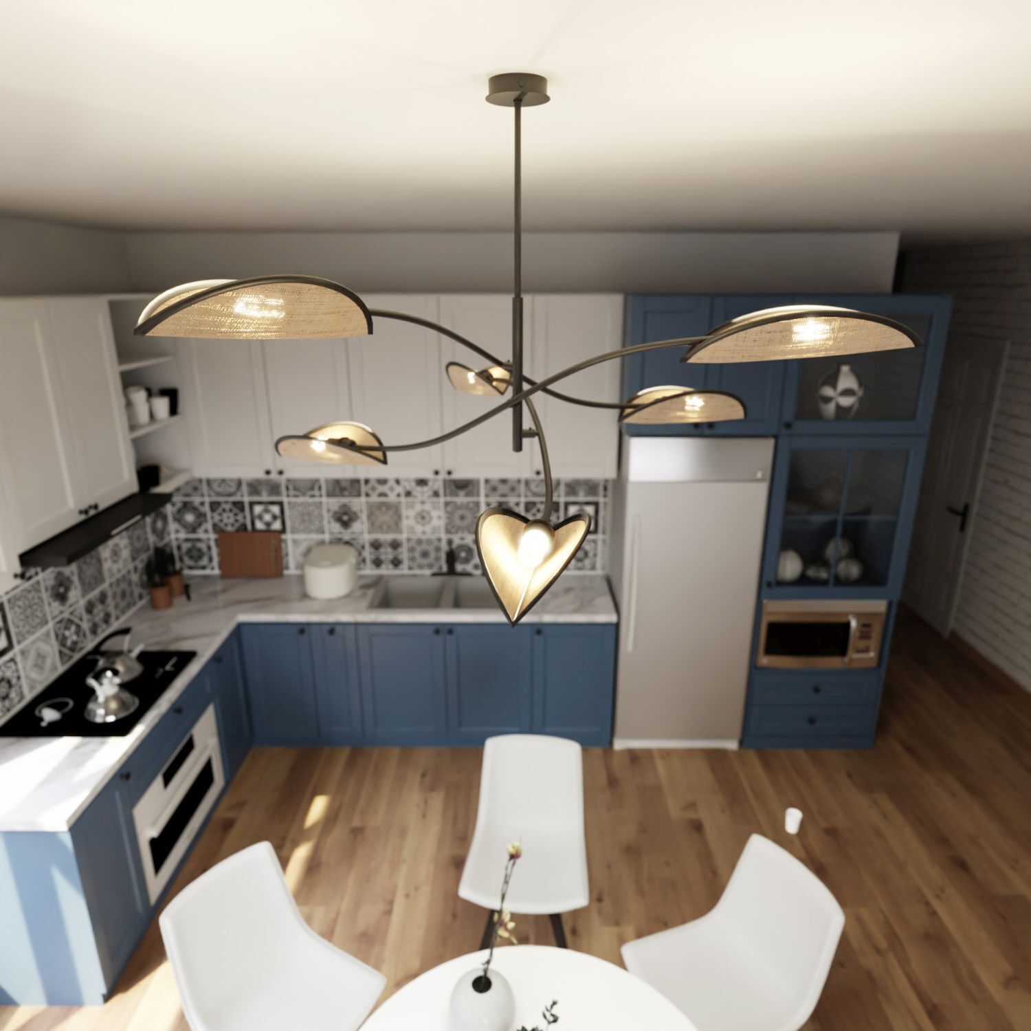 Deckenlampe Metall Rattan 102 cm lang drehbar E14 6-flammig Drinnen, Küche, Innenarchitektur, Esszimmer, Kronleuchter