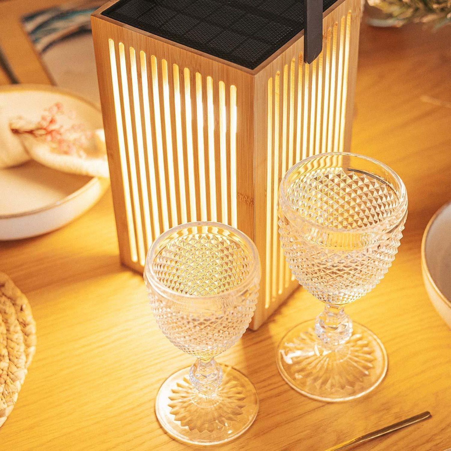 LED Tischleuchte Holz Metall 24 cm IP54 2700K kabellos Outdoor Glas, Lampe