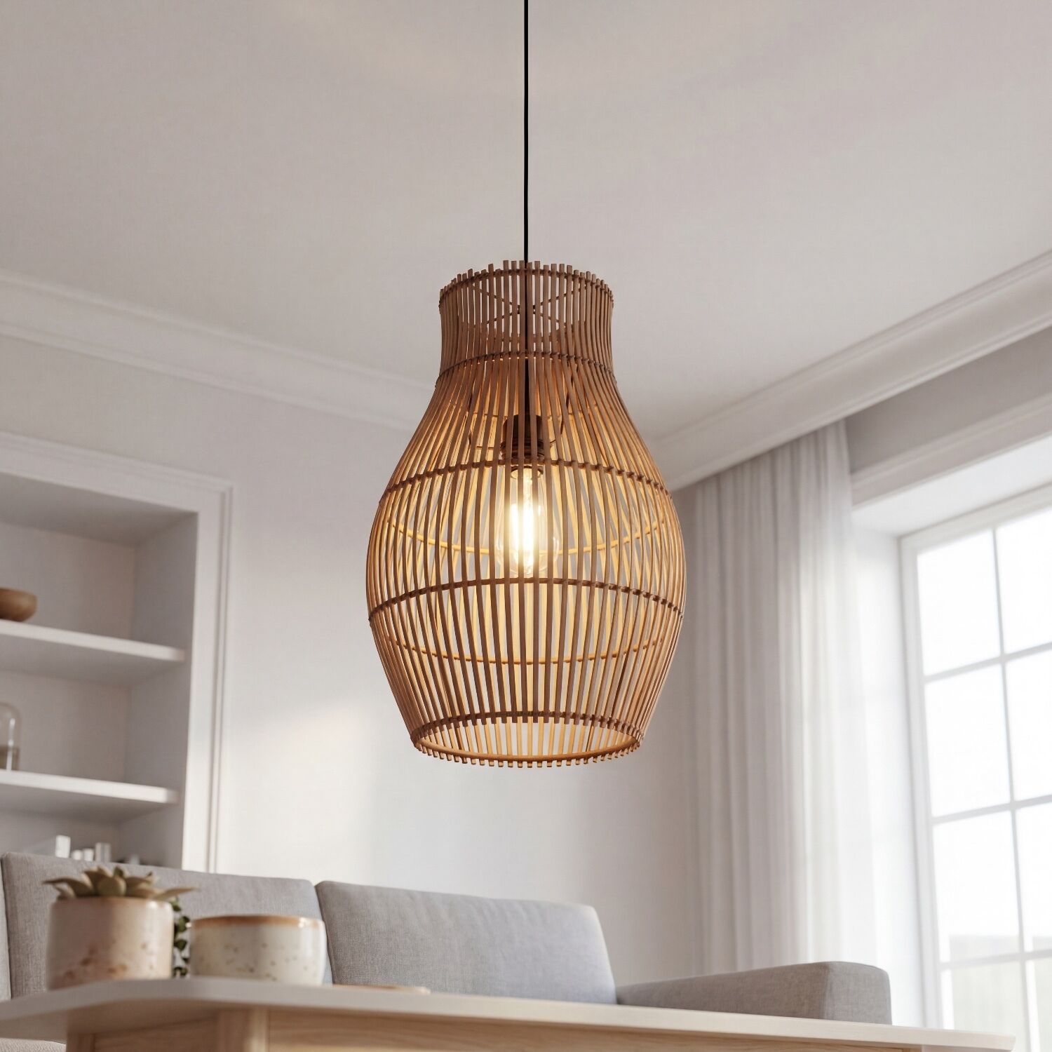 Hängelampe Bambus Natur Schwarz rund Ø30 cm E27 Modern