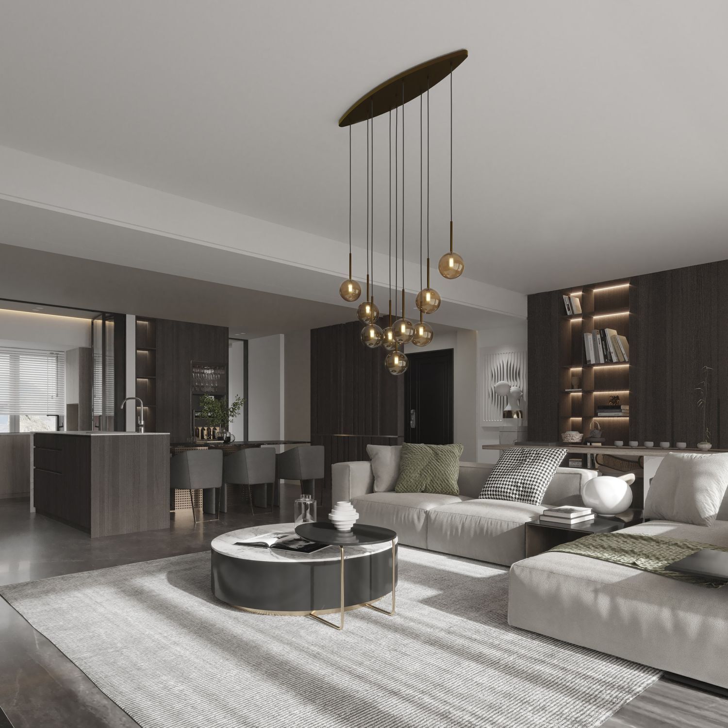 Pendelleuchte Braun zeitlos 90 cm Glas G9 Stahl modern Hängelampen, Wohnzimmer, Sofa, Couchtisch, offener Küchenbereich