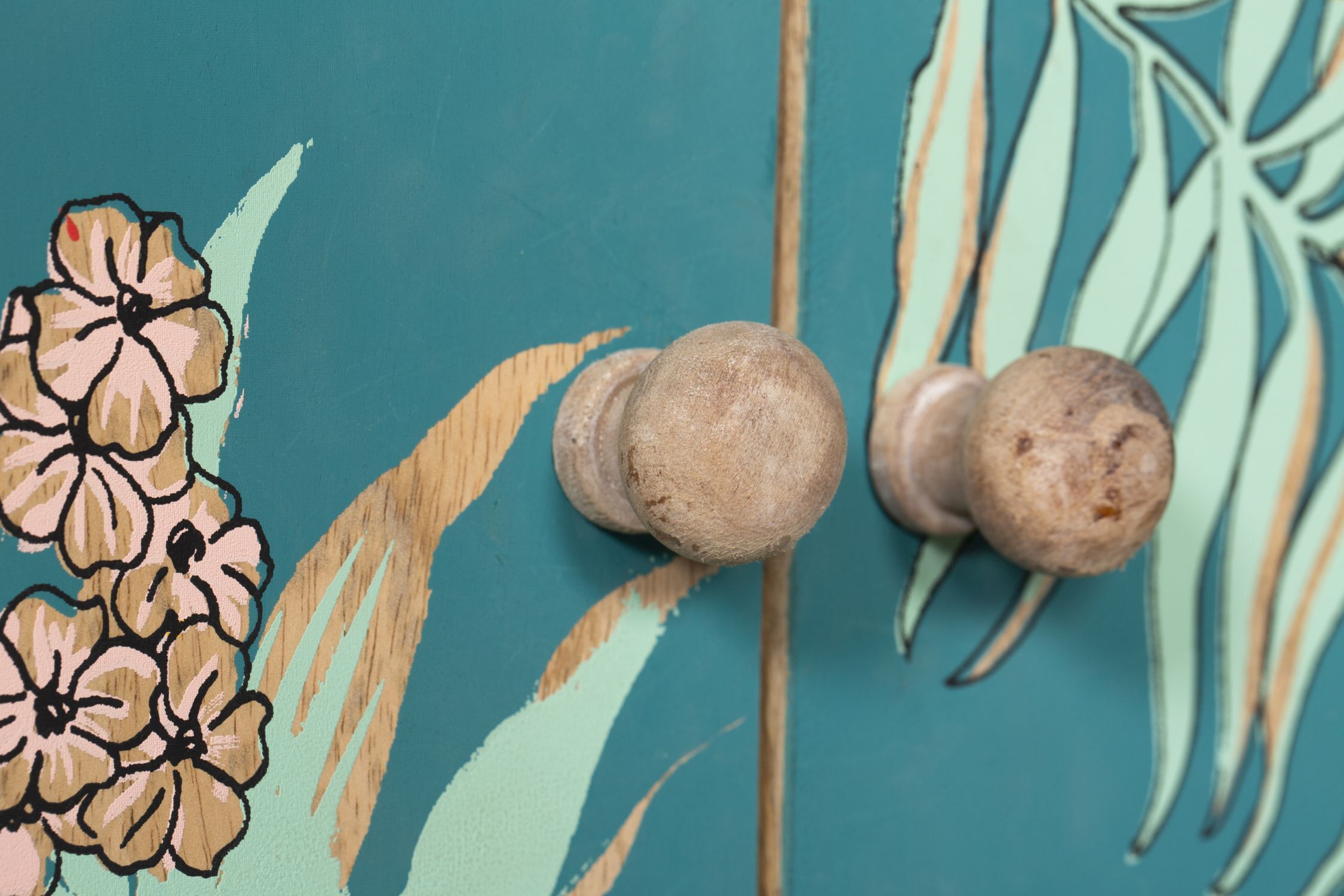 Florales Sideboard Bunt Türkis aus Mangoholz MDF B: 90 cm