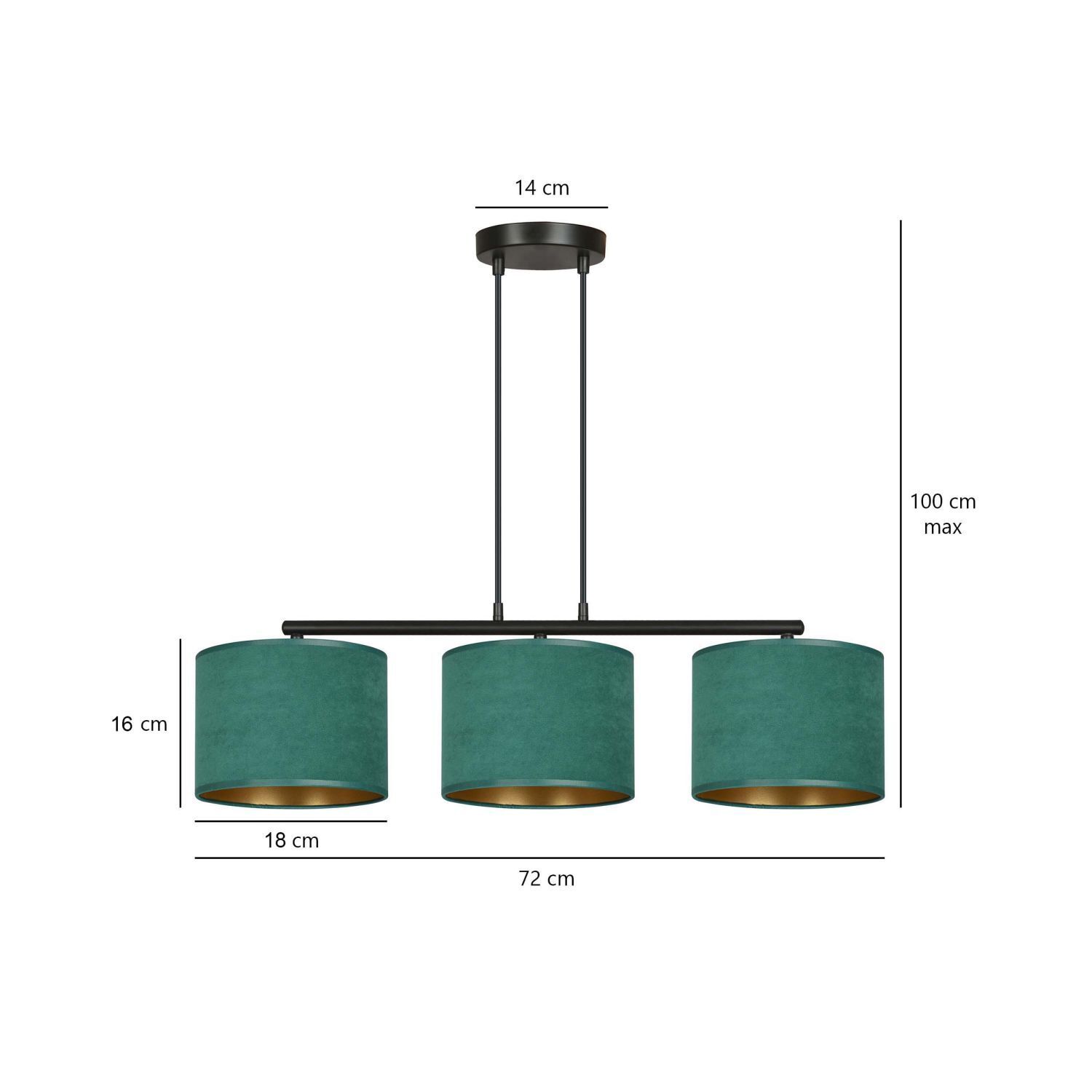 Lampe à suspendre tissu métal L : 72 cm noir vert or 3x E27