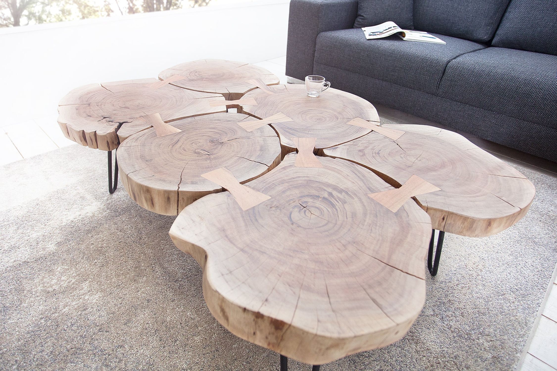 Table basse en bois d'acacia métal 110 x 70 cm Rondelles d'arbre Moebel, Tabelle, Tischplatte, Kaffeetisch, Holz