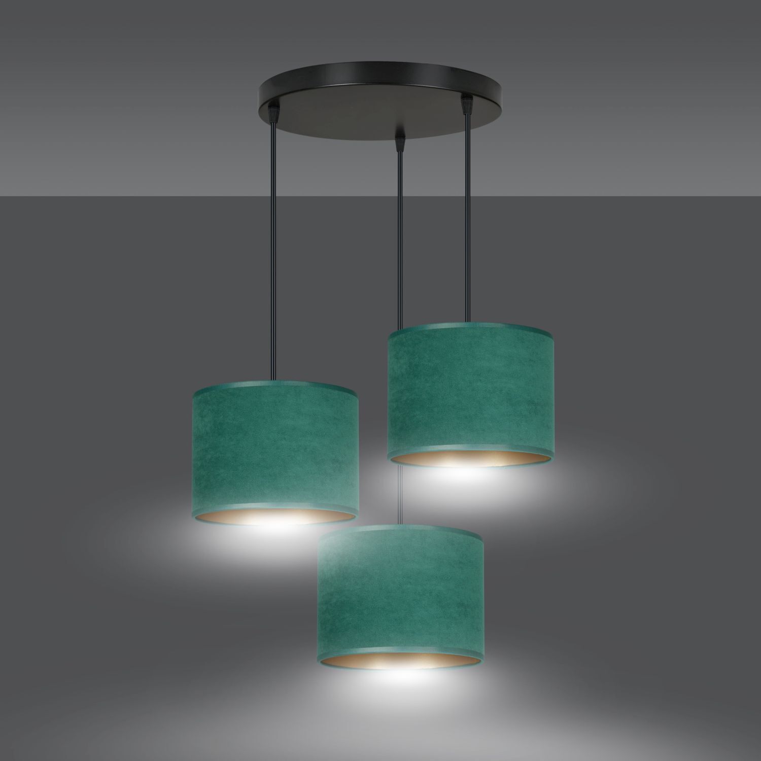 Lampe à suspendre tissu métal noir vert or E27 3-flamme