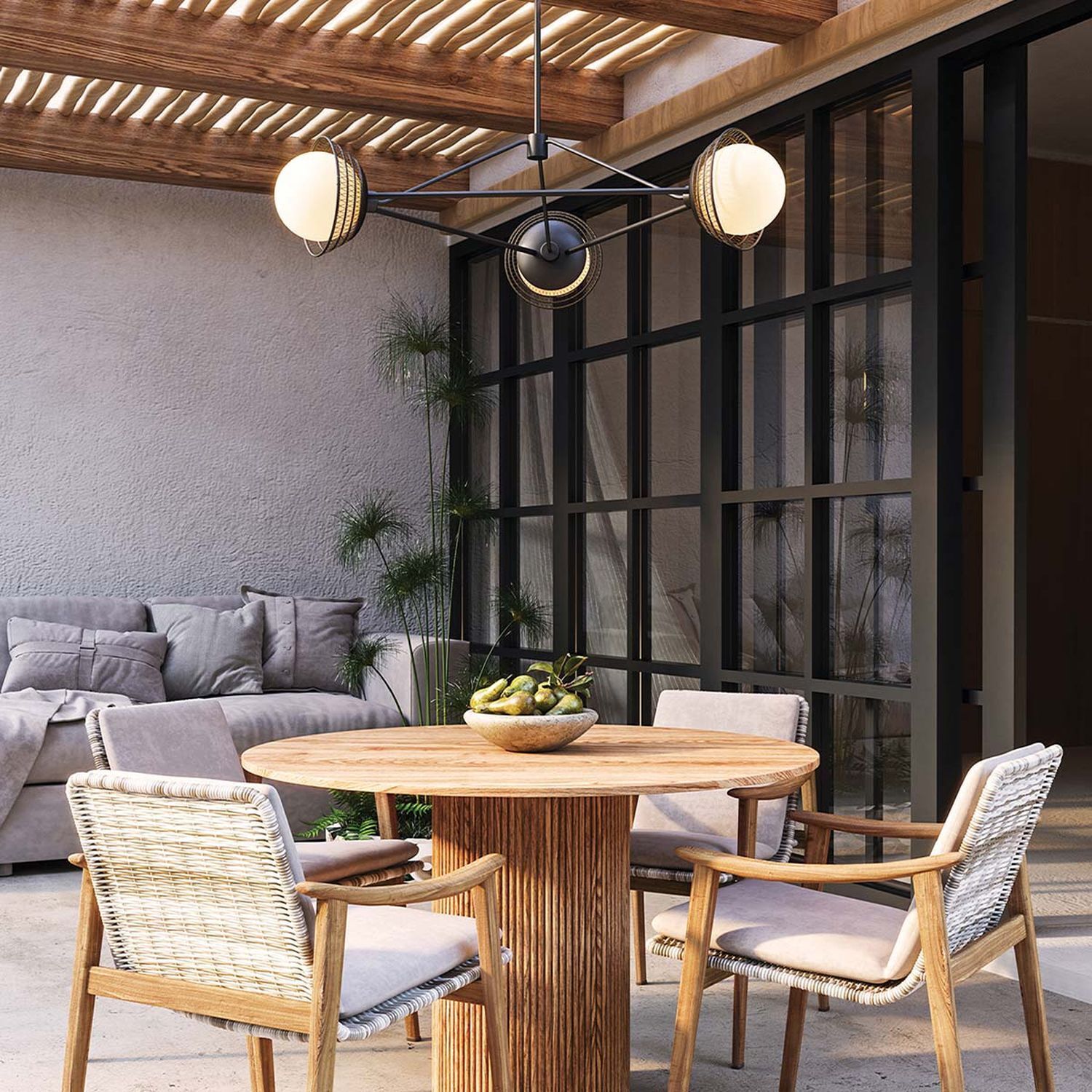 Pendelleuchte Metall Rattan Glas 101,4 cm breit 3x E14 Tabelle, Esstisch, Innenarchitektur, Esszimmer, Tischplatte