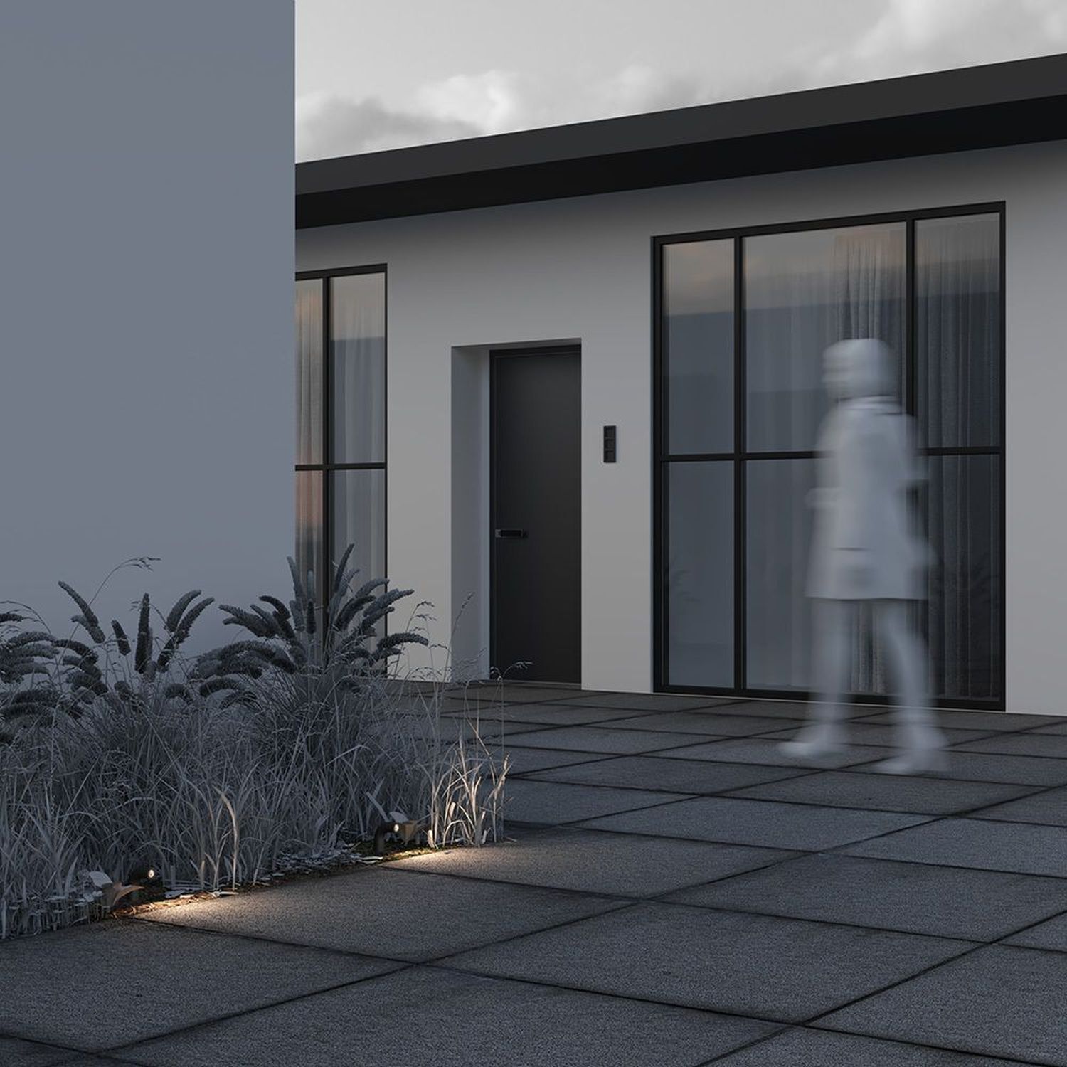 haus, fassade, front-entrance, glasfenster, gartenbeleuchtung