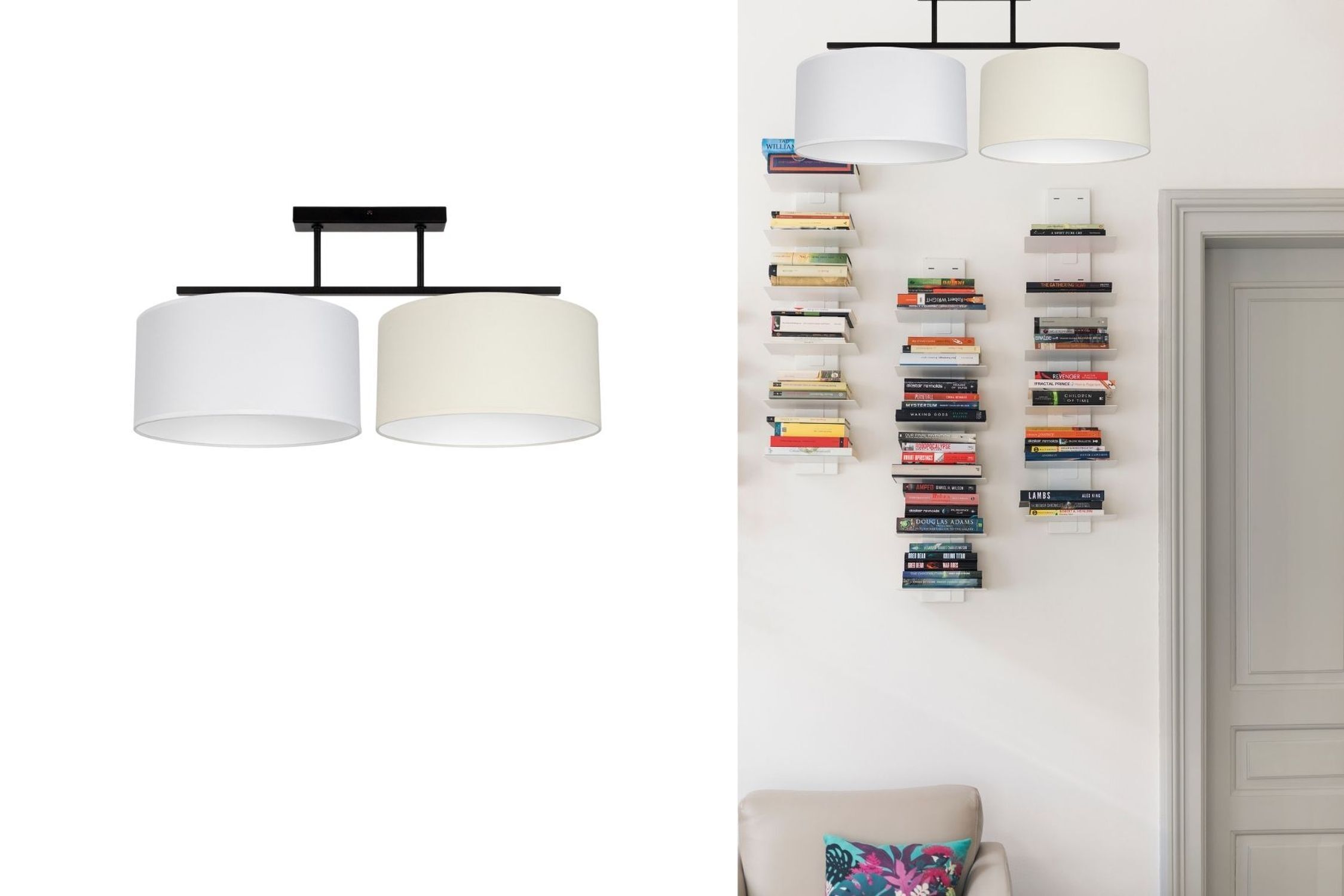 deckenleuchte, pendelleuchte, zwei lampenschirme, schwarzweiße palette, interieur lighting