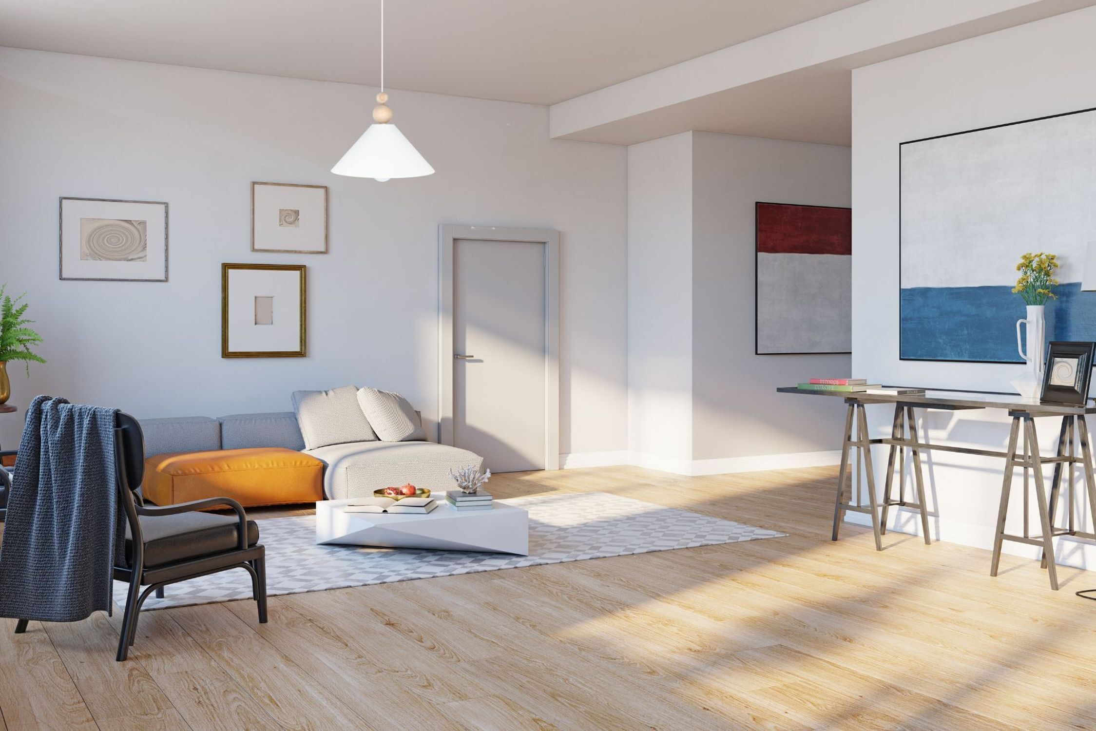 Wohnzimmer, Sofa, Teppich, Kunstwerke, Lampe