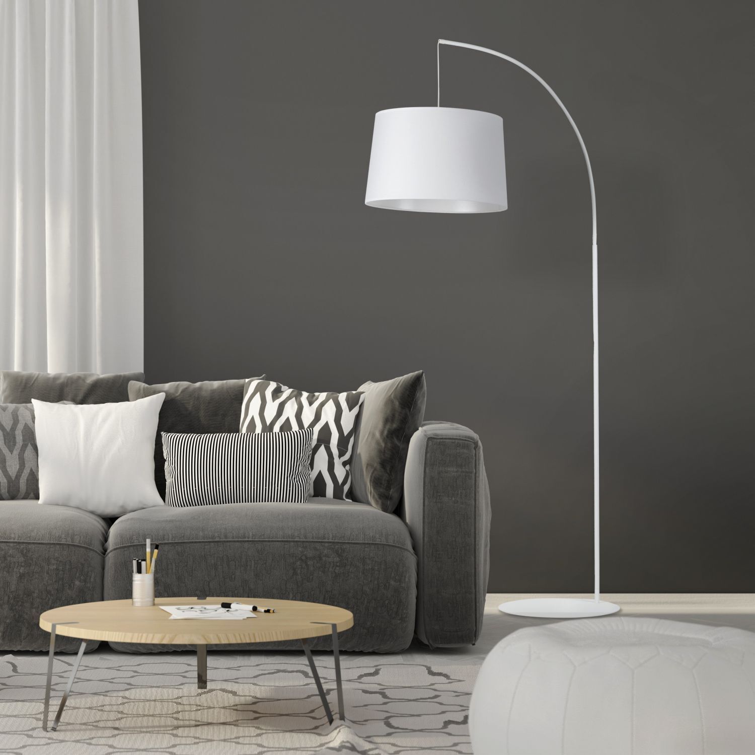 Stehlampe, Bildschirmlampe, weißer Lampenschirm, Wohnzimmer, Sofastruktur