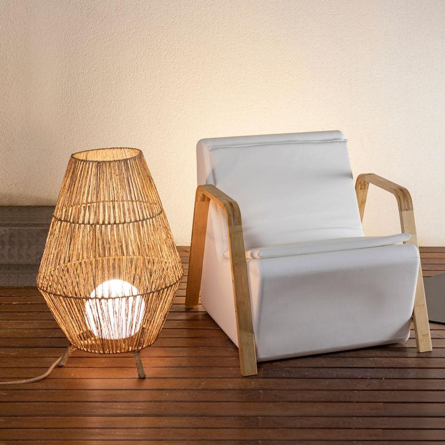 Lampe de table LED à l'extérieur IP54 72 cm Rattan Dimmer Télécommande Lampe, Mobiliar, Stuhl, Sessel, Holz