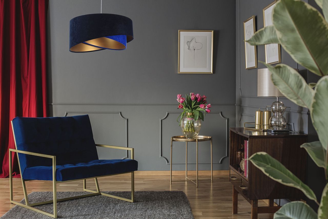Hängelampe Blau Gold E27 Ø 50 cm Stoff Schirm Veloursoptik Lampe, Pflanze, Wohnzimmer, Zimmer, Dekoration für Zuhause
