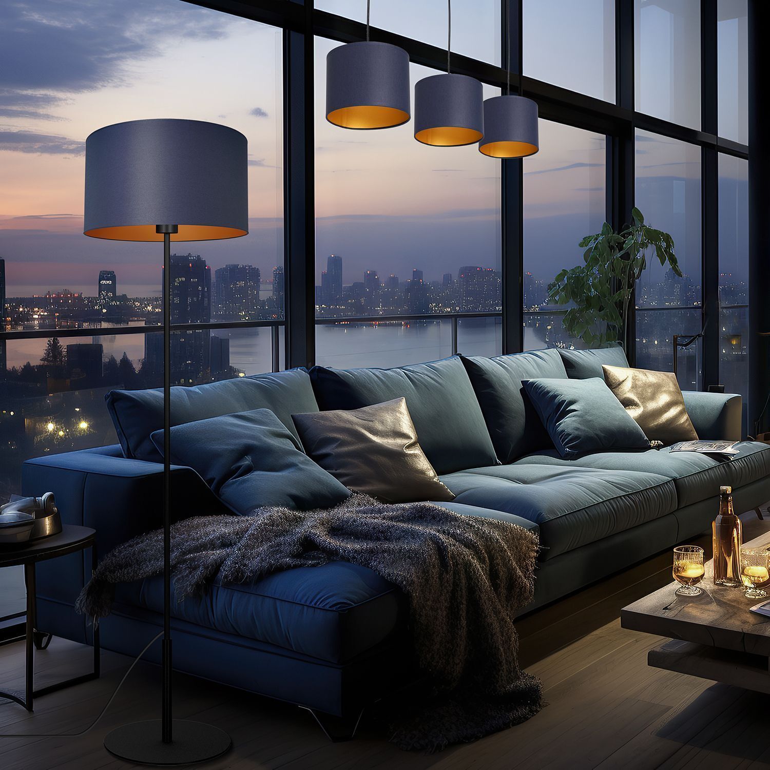 Lampe à suspendre Bleu Or Tissu Métal E27 75 cm faible éblouissement