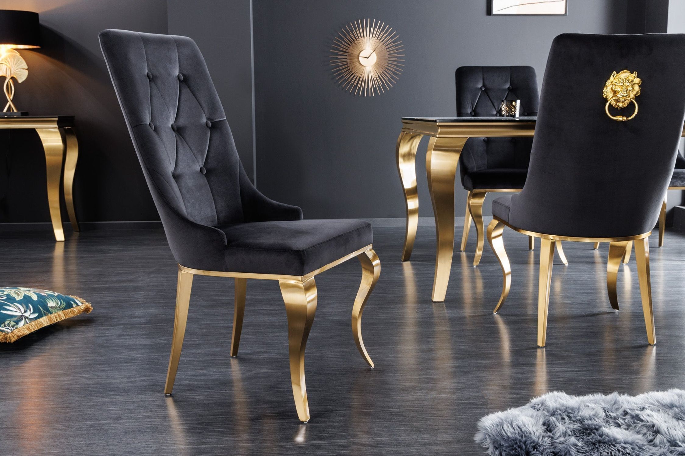 Esszimmerstuhl Samt Metall mit Griff Schwarz Gold Barock
