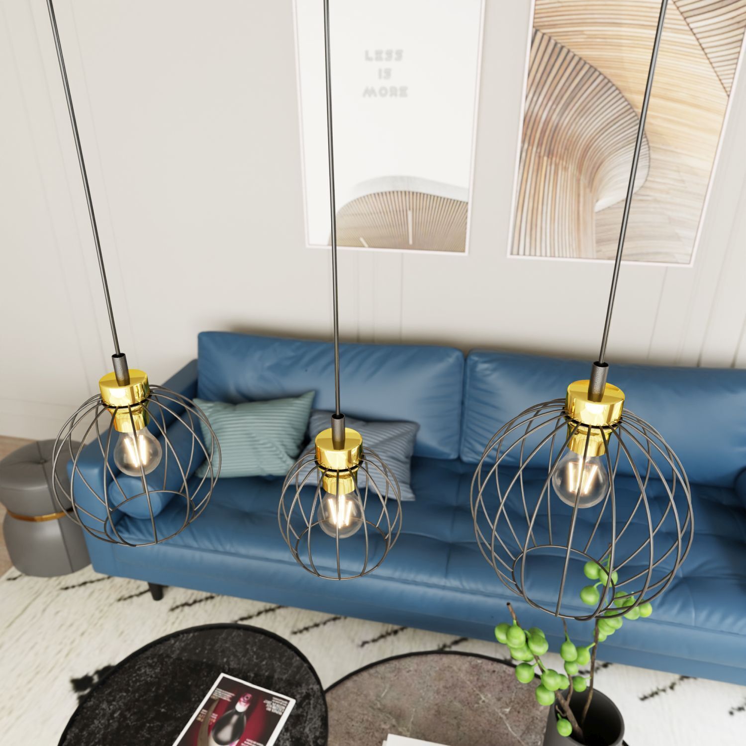 pendant light, wire frame, ball lamp, gold cap, living room