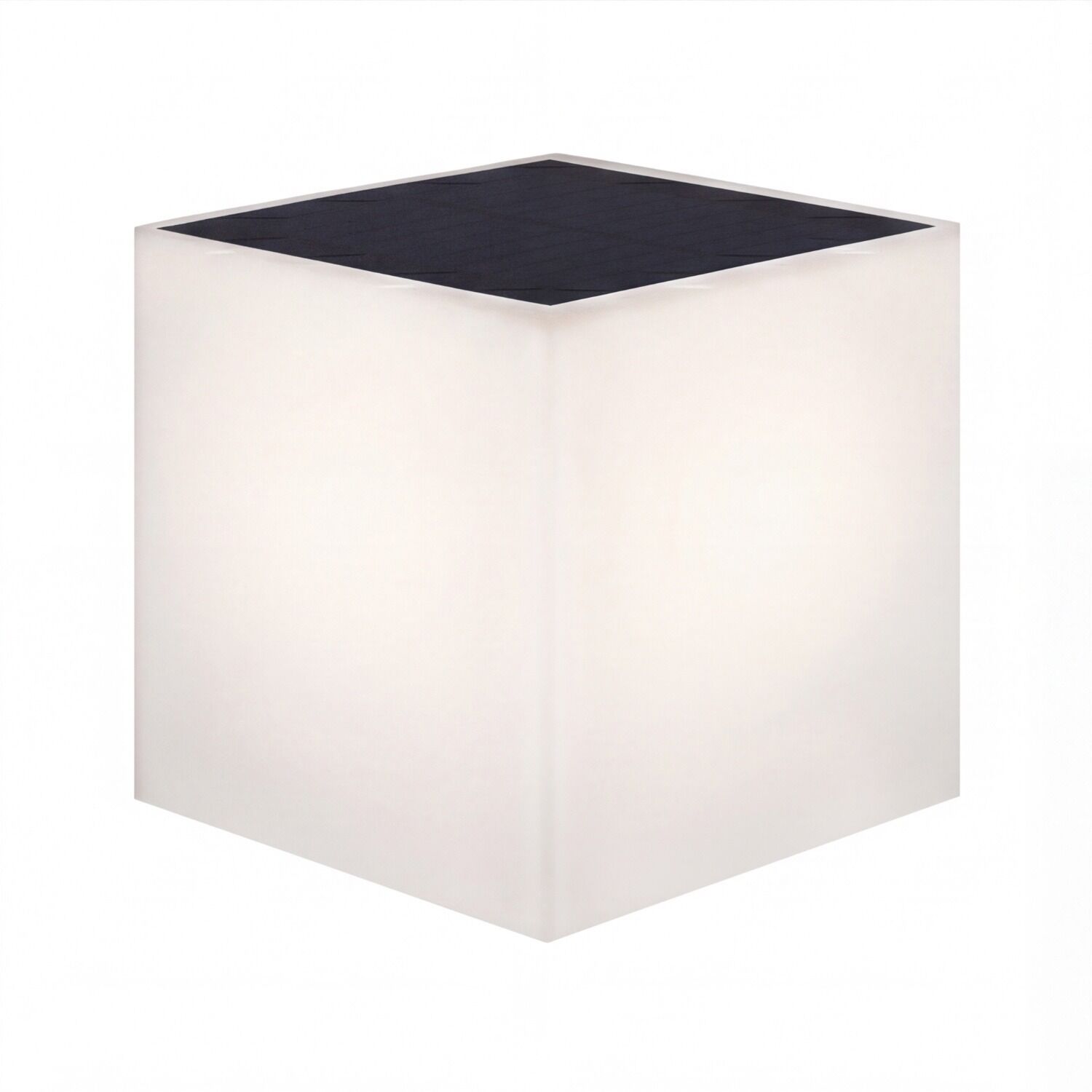 Würfel, Lampenschirm, Solarpanel oben, weißer Würfel, minimalistisch