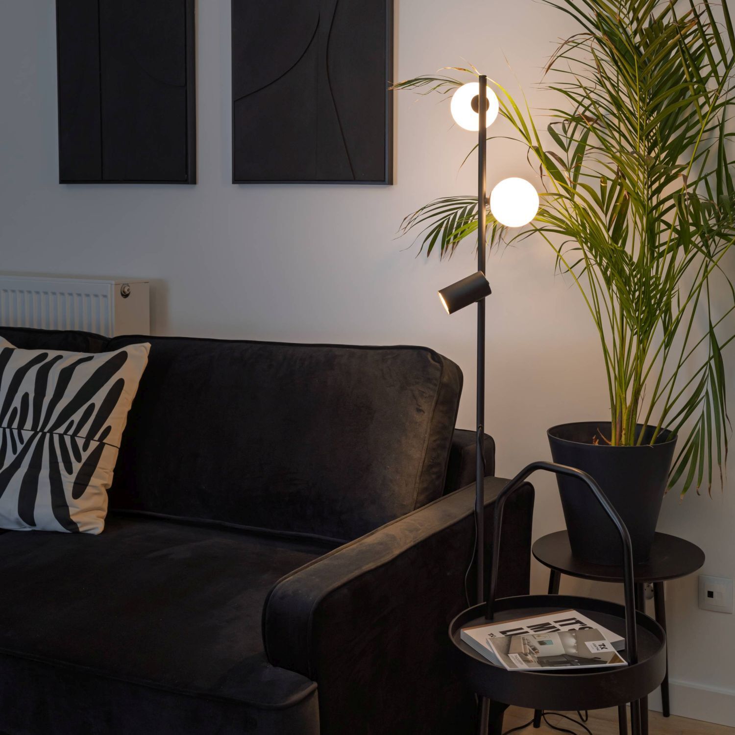 Sofa, Wohnzimmer, Stehlampe, Pflanze, Kissen