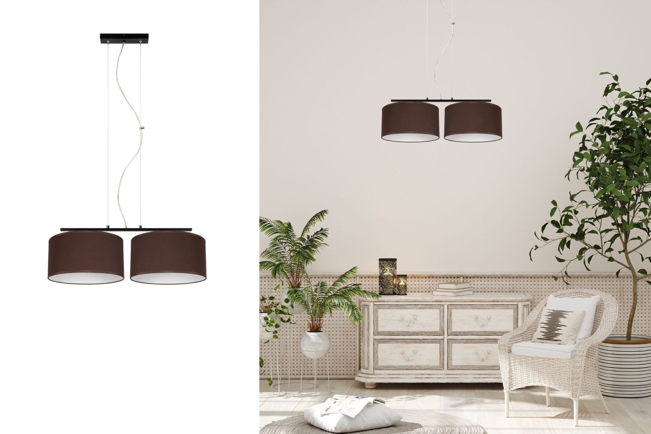 Stoff Pendelleuchte blendarm Braun Weiß E27 70 cm lang Hängeleuchte, Lampe, braun, Doppel-Lampenschirm, Kabelabhängung