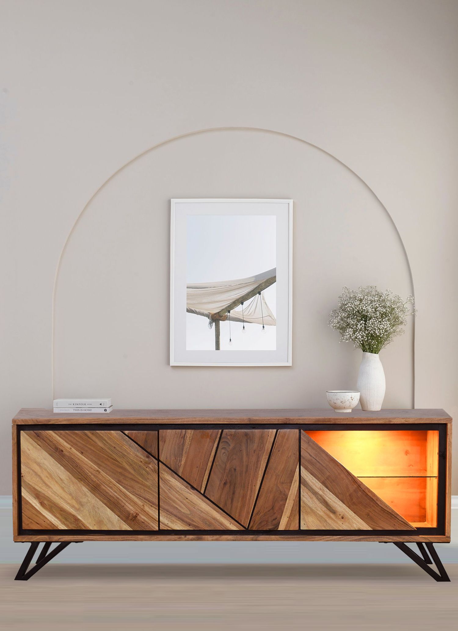 Modernes TV Lowboard mit Beleuchtung 150 cm Holz Glas Metall Moebel, Anrichte, Lampe, Innenarchitektur, Holz