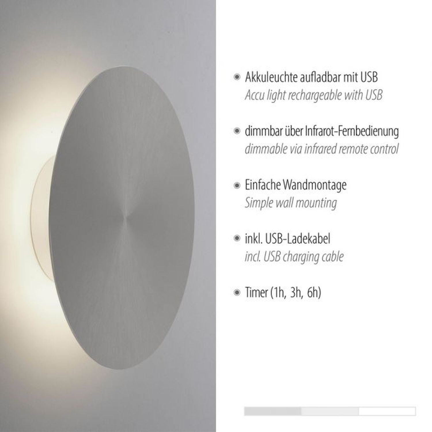 LED Akku Wandlampe Grau Ø25 cm dimmbar Fernbedienung Lampe, Beleuchtung