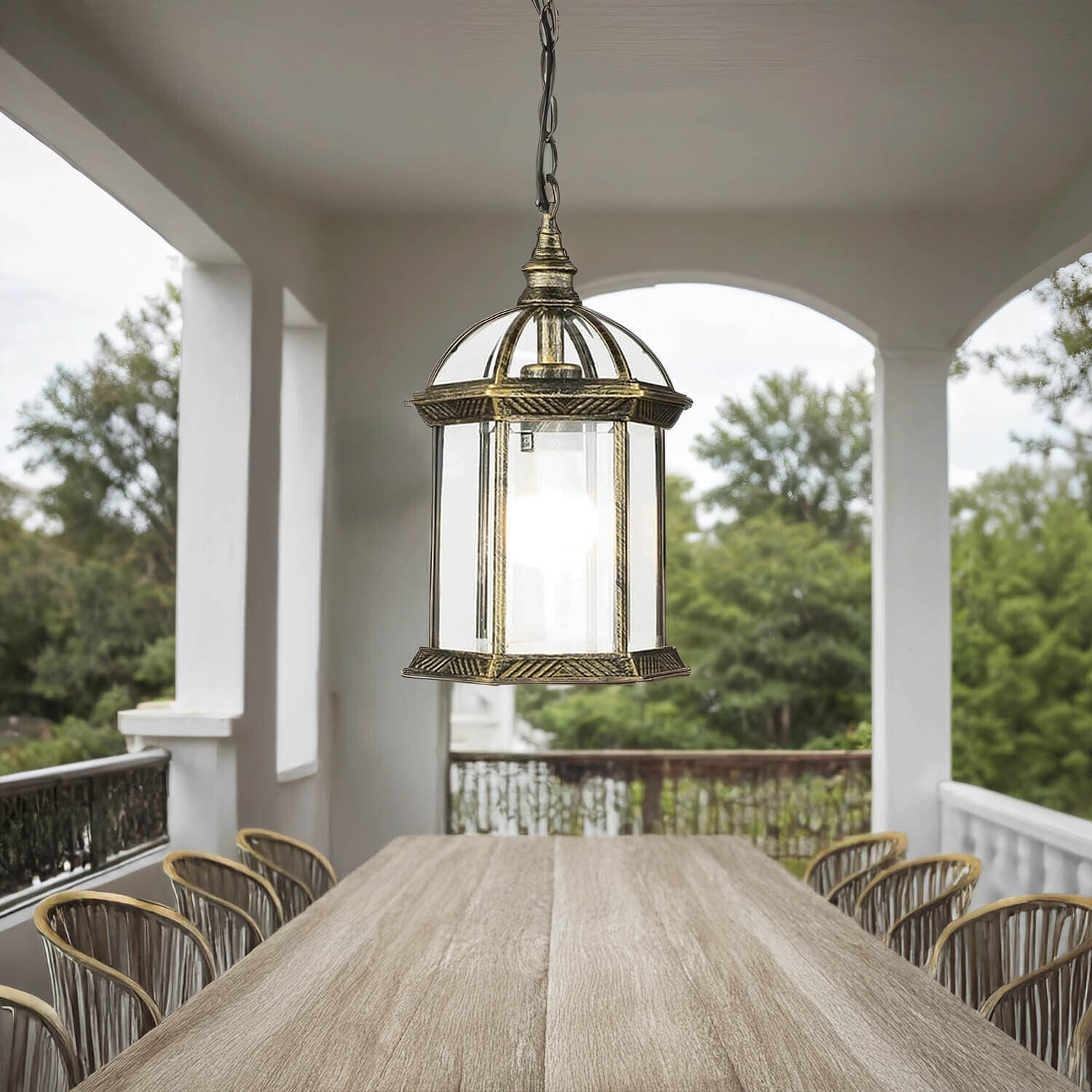 Rustikale Pendelleuchte Gold Antik für Außen WIEN Speisesaal, Esstisch, Tisch, Innenarchitektur, Tischplatte