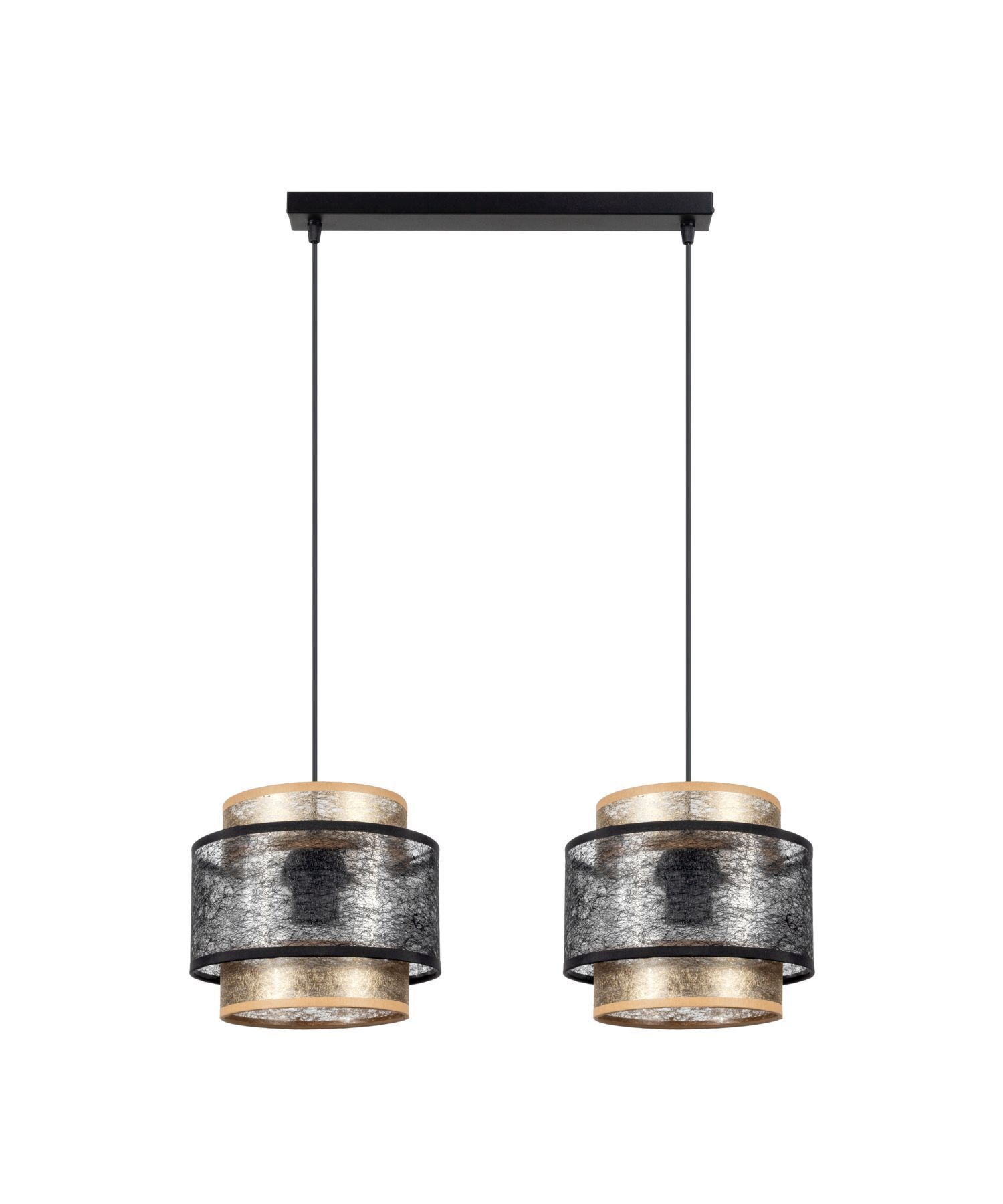 Pendelleuchte Schwarz Gold 2-flammig E27 Stoff blendarm pendant light, doppelpendel, metallschirm, schwarz weiß, glasstruktur