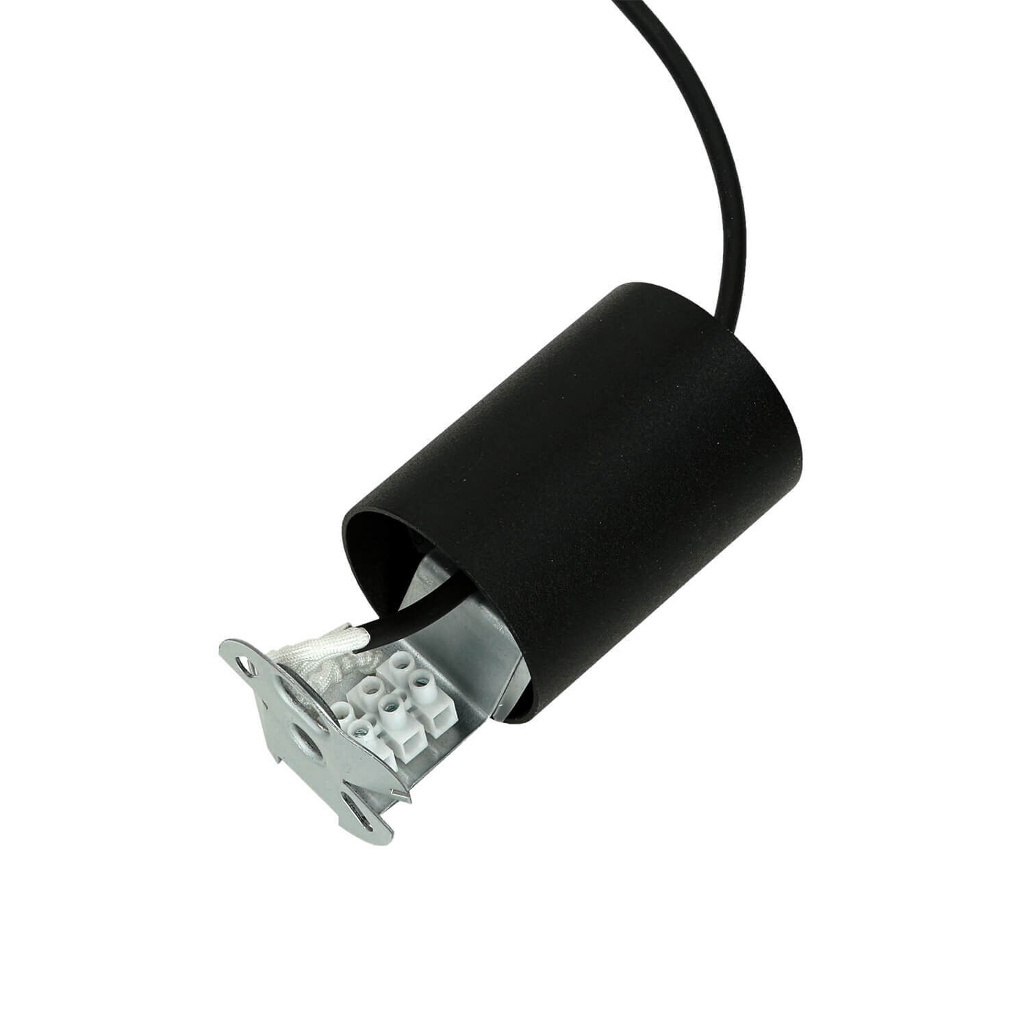 pendelleuchte-haengelampe-lang-minimal-1-flammig-schwarz-modern-5 lampenfassung, LED-Adapter, Kabelanschluss, verkabelung, metall