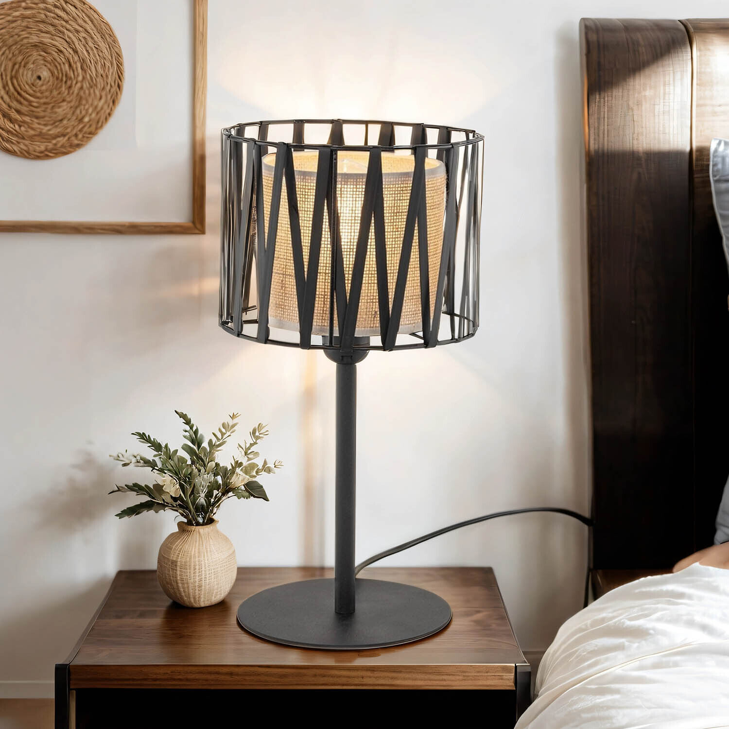 Tischleuchte E27 37 cm hoch Ø 20 cm rund Schwarz Braun Lampe, Pflanze, Stehlampe