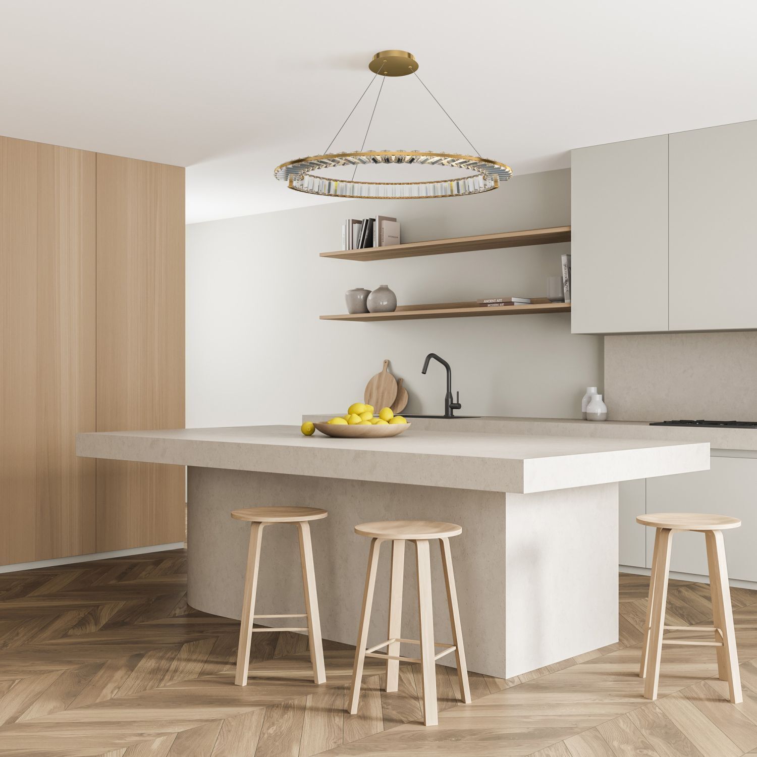 LED Kronleuchter Kristall Metall rund D: 62 cm in Gold Drinnen, Innenarchitektur, Küche, Kücheninsel, Barhocker