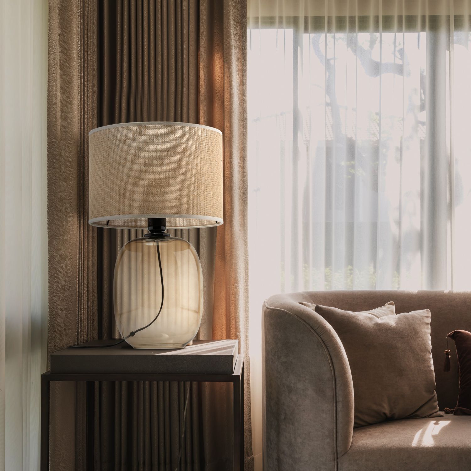 Lampe de table verre fumé tissu brun H : 48 cm Ø 30 cm E27 Lampe, Drinnen, Innenarchitektur